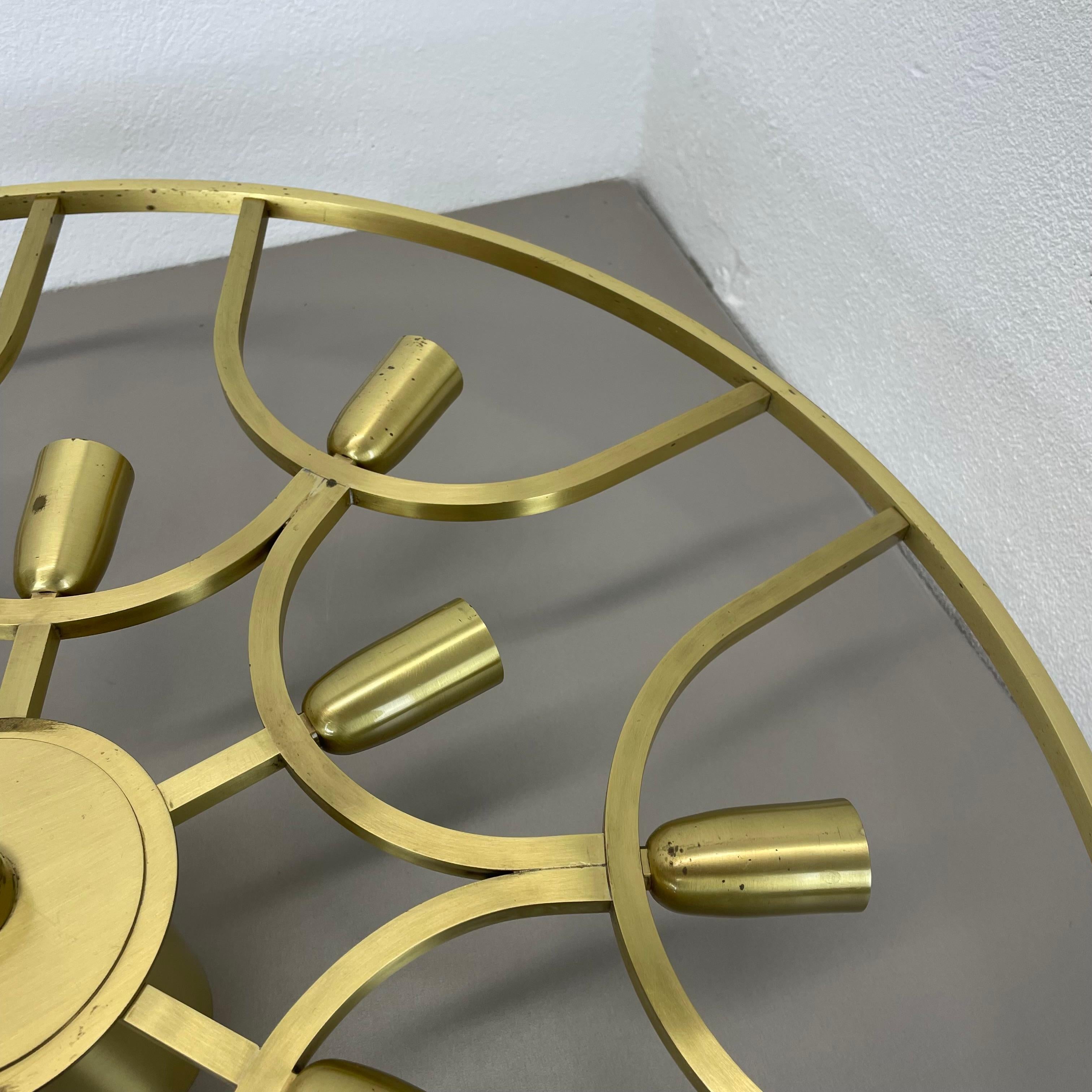 Large 64cm Brass 12 Bulb Stilnovo Style Flush Mount Ceiling Light, Italy 1960s For Sale 3