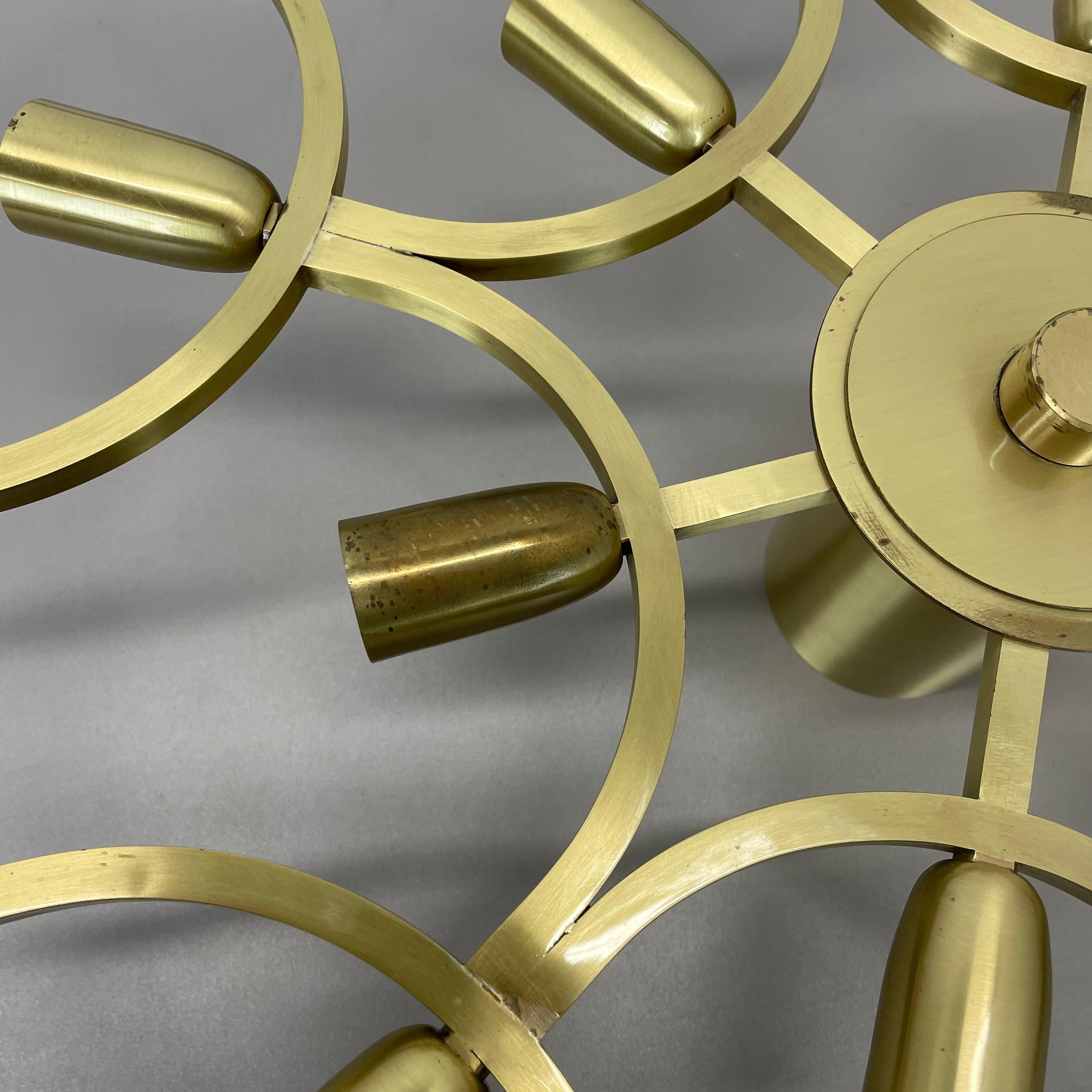 20th Century Large 64cm Brass 12 Bulb Stilnovo Style Flush Mount Ceiling Light, Italy 1960s For Sale