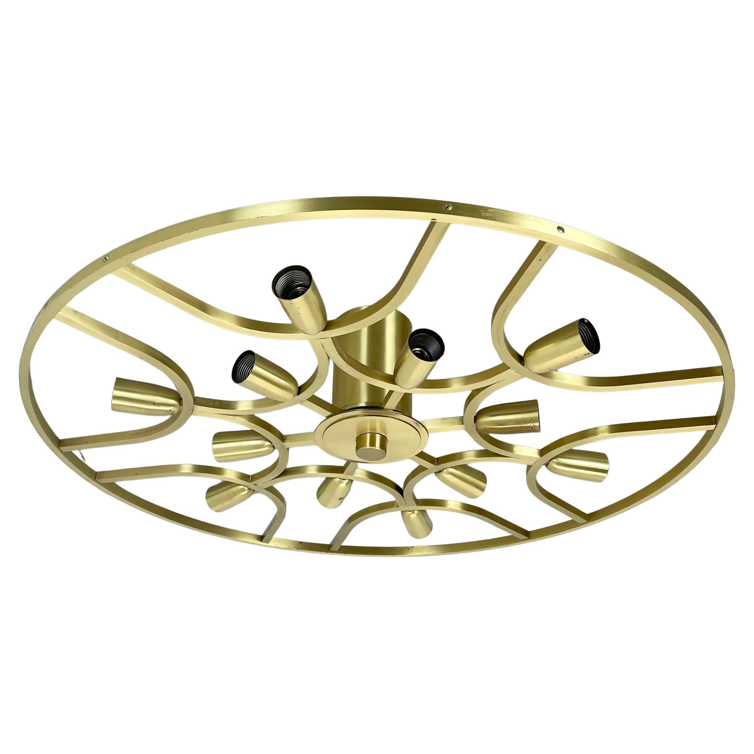 Large 64cm Brass 12 Bulb Stilnovo Style Flush Mount Ceiling Light, Italy 1960s