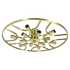 Large 64cm Brass 12 Bulb Stilnovo Style Flush Mount Ceiling Light, Italy 1960s