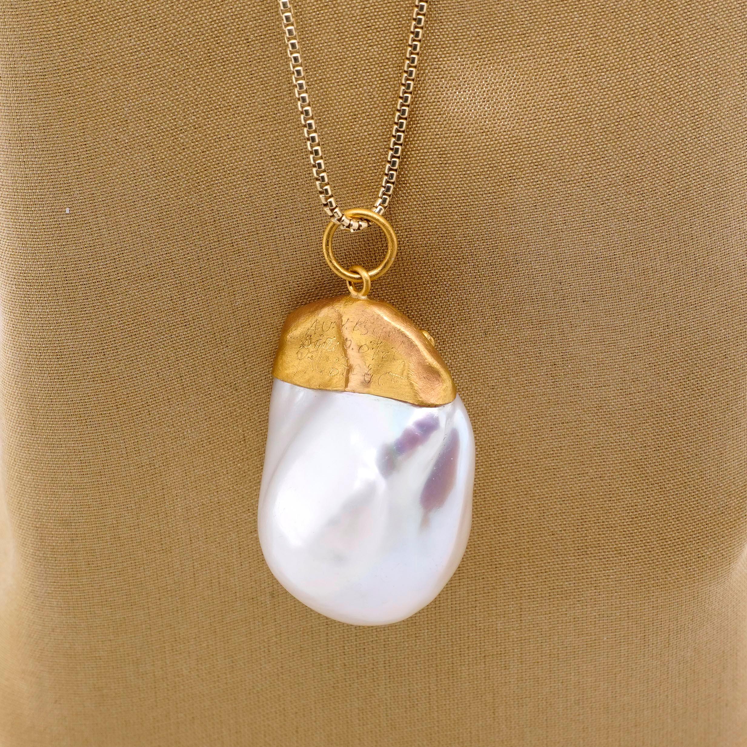 Large, 64ct Baroque Pearl Pendant Necklace with Diamonds, 24kt Solid Gold In New Condition For Sale In Bozeman, MT