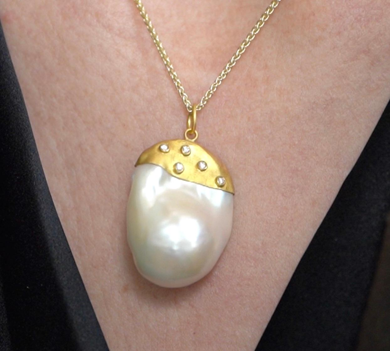 Contemporary Large, 64ct Baroque Pearl Pendant Necklace with Diamonds, 24kt Solid Gold For Sale