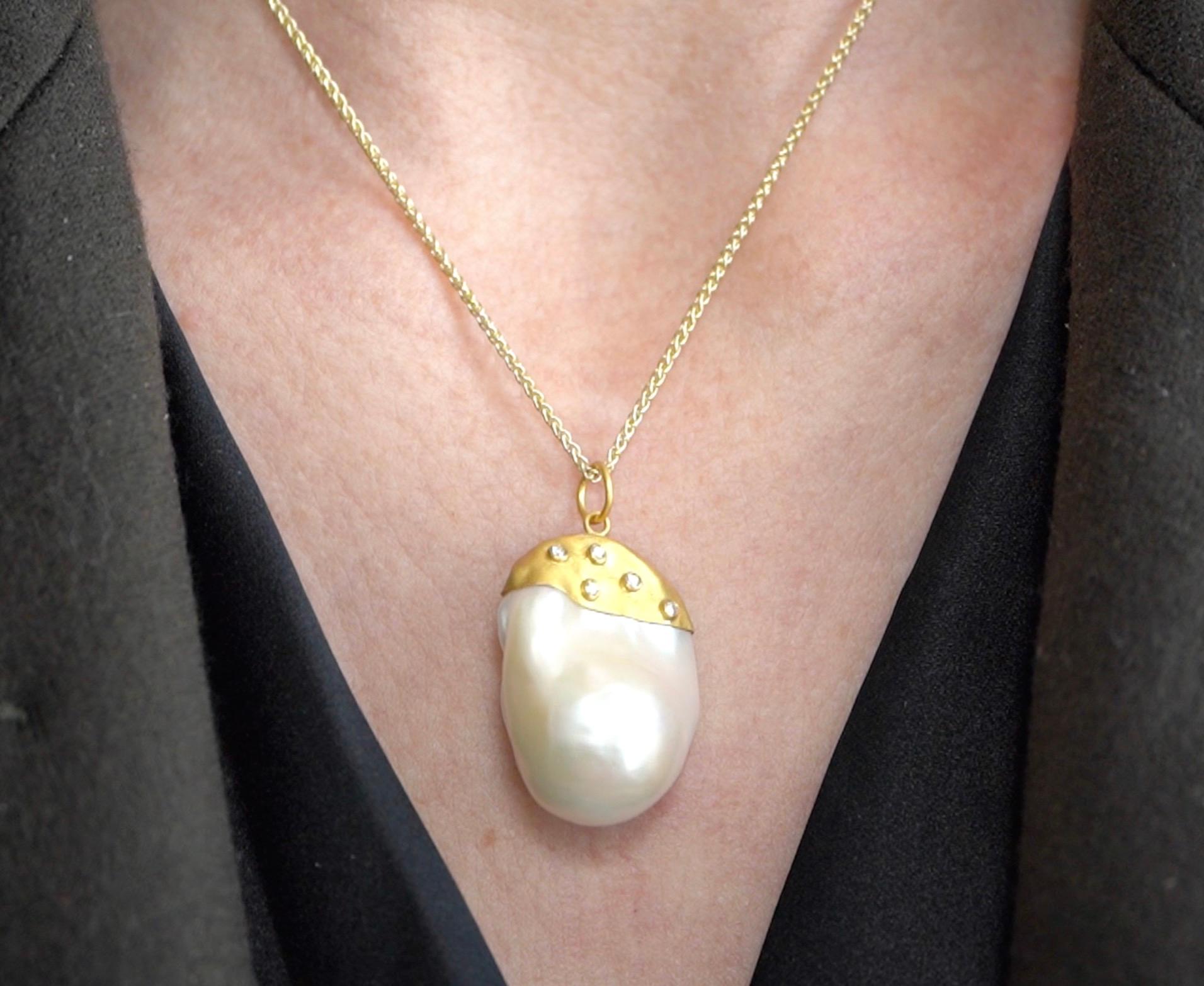 Round Cut Large, 64ct Baroque Pearl Pendant Necklace with Diamonds, 24kt Solid Gold For Sale
