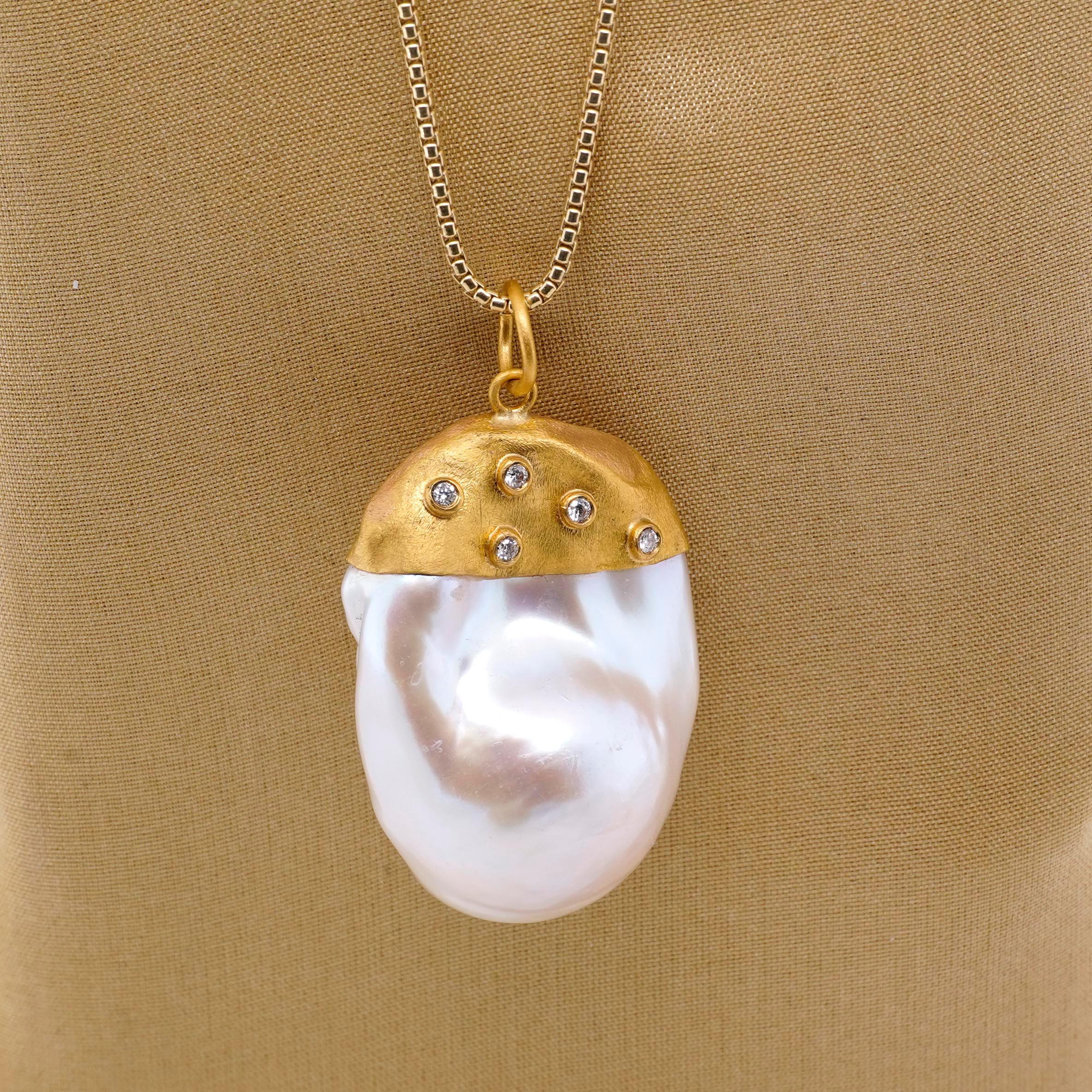 Large, 64ct Baroque Pearl Pendant Necklace with Diamonds, 24kt Solid Gold For Sale 2