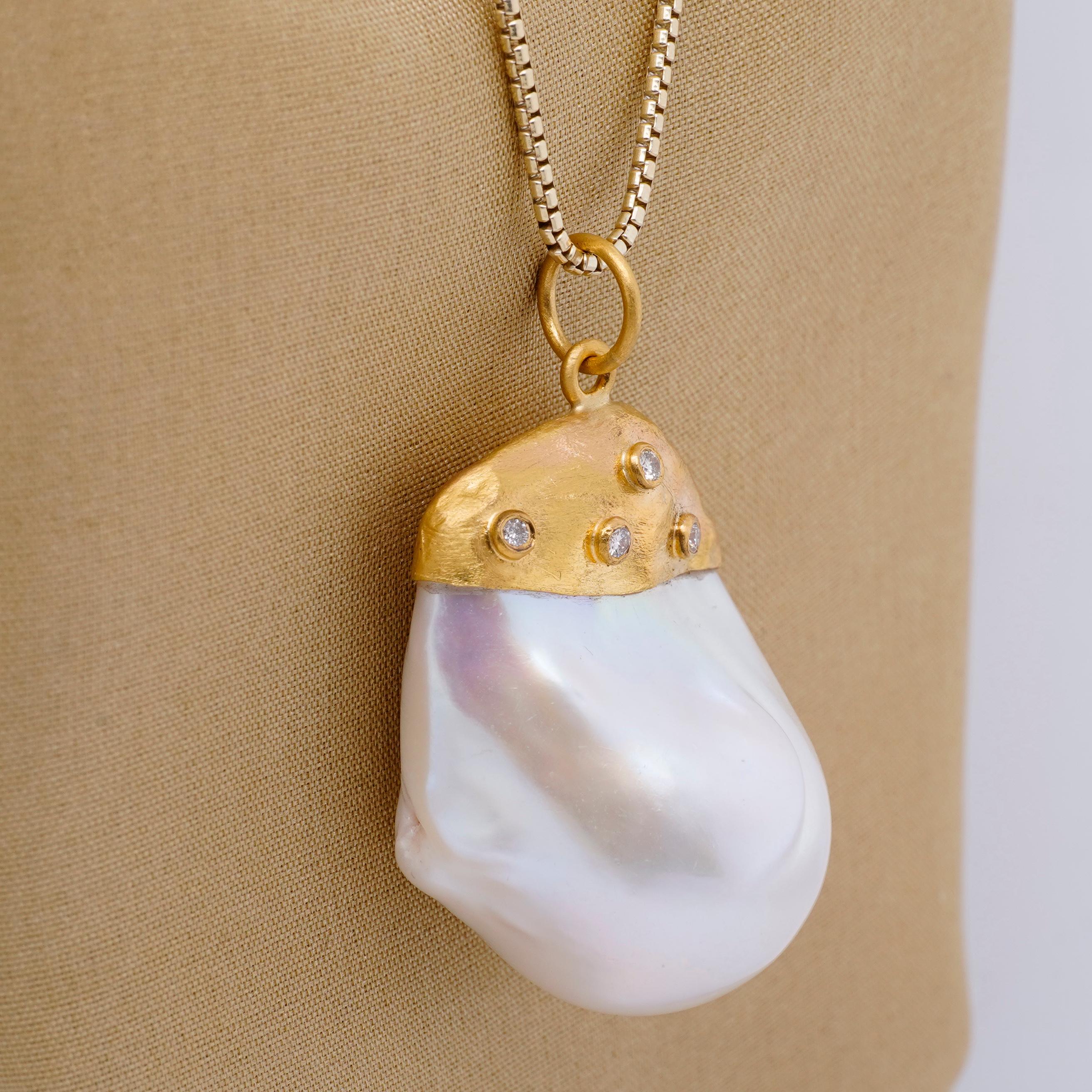 Large, 67.05ct Baroque Pearl Pendant Necklace with Diamonds, 24kt Solid Gold by Prehistoric Works of Istanbul, Turkey. Baroque Pearl - 67.05cts, Diamonds - 0.07cts. Measures: X-large, Width - 21.6mm (.8