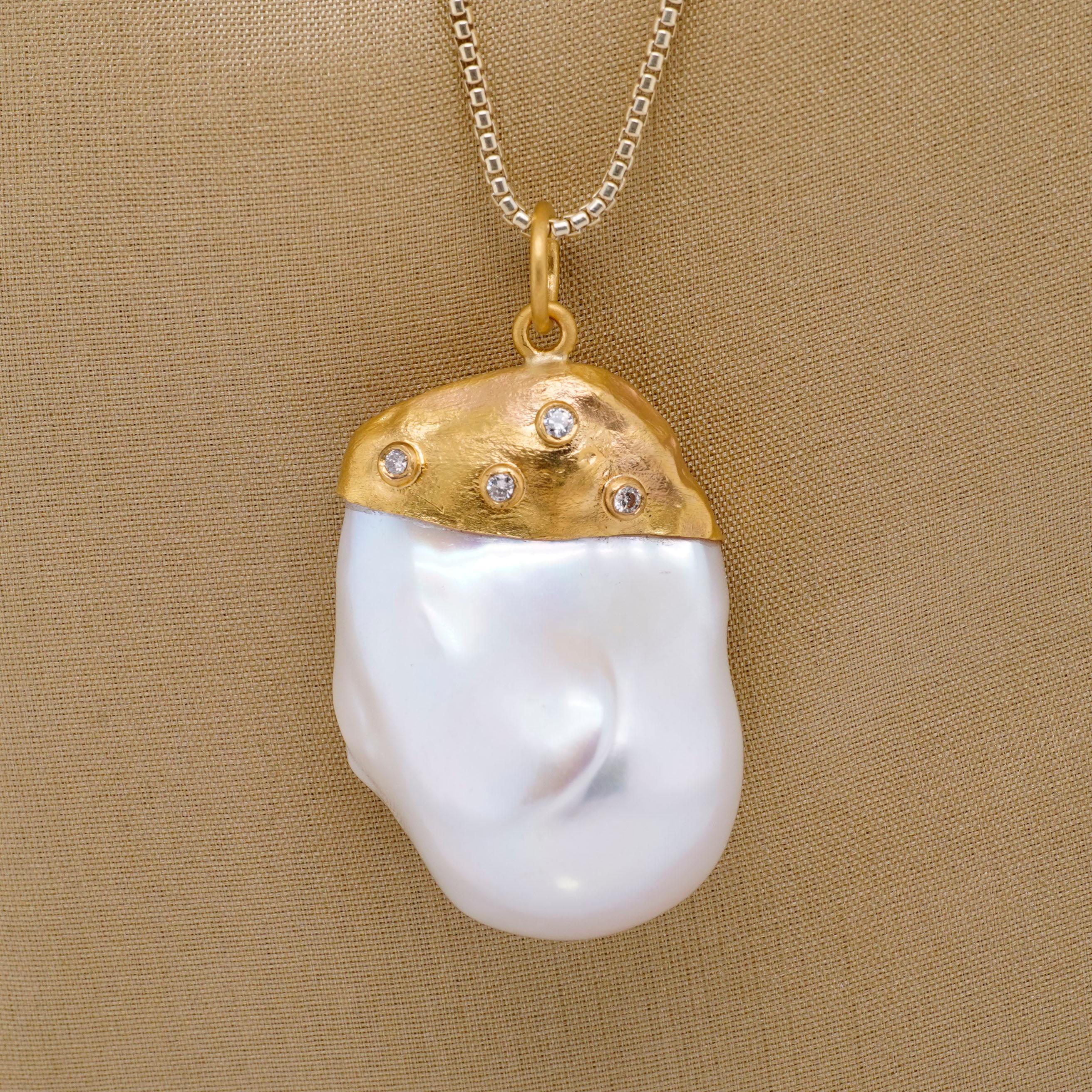 Round Cut Large, 67.05ct Baroque Pearl Pendant Necklace with Diamonds, 24kt Solid Gold For Sale