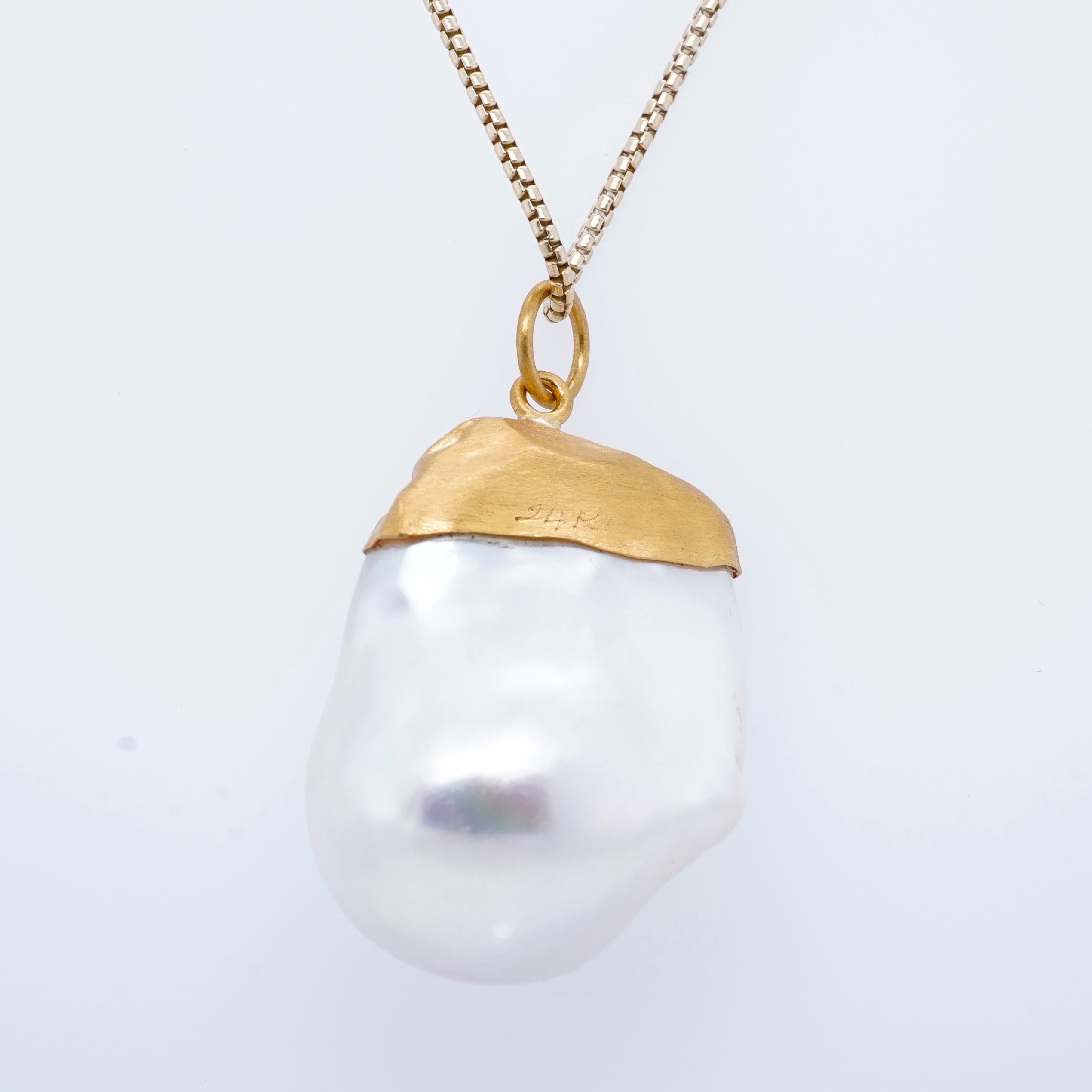 Large, 67.05ct Baroque Pearl Pendant Necklace with Diamonds, 24kt Solid Gold In New Condition For Sale In Bozeman, MT