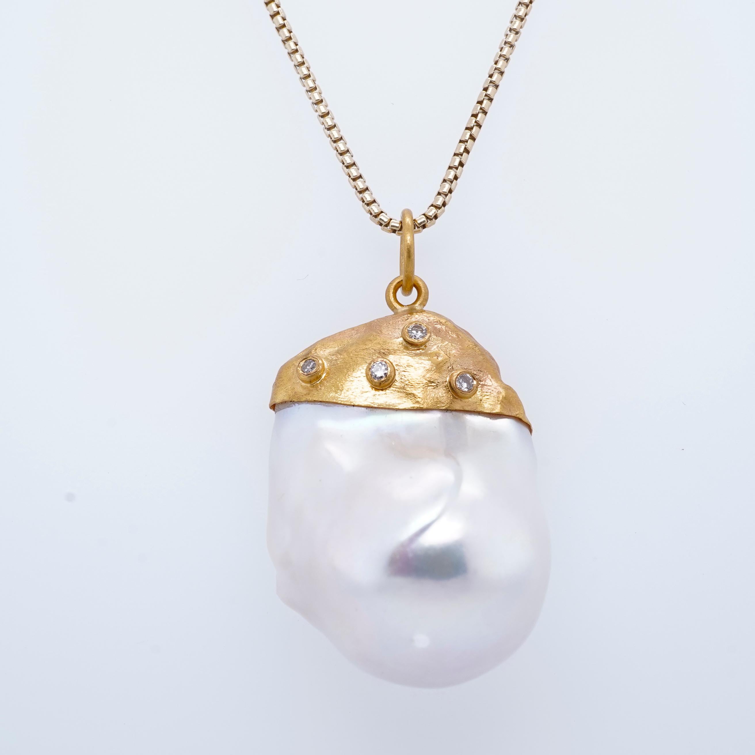 Women's or Men's Large, 67.05ct Baroque Pearl Pendant Necklace with Diamonds, 24kt Solid Gold For Sale