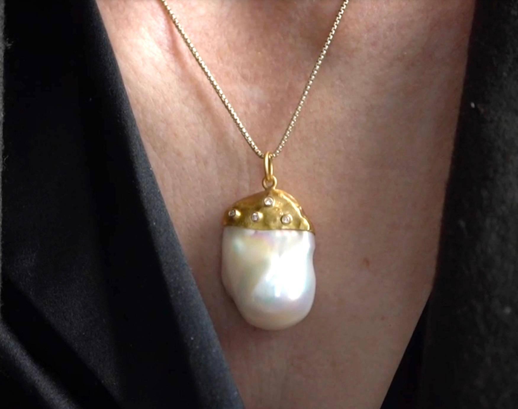 Large, 67.05ct Baroque Pearl Pendant Necklace with Diamonds, 24kt Solid Gold For Sale 1