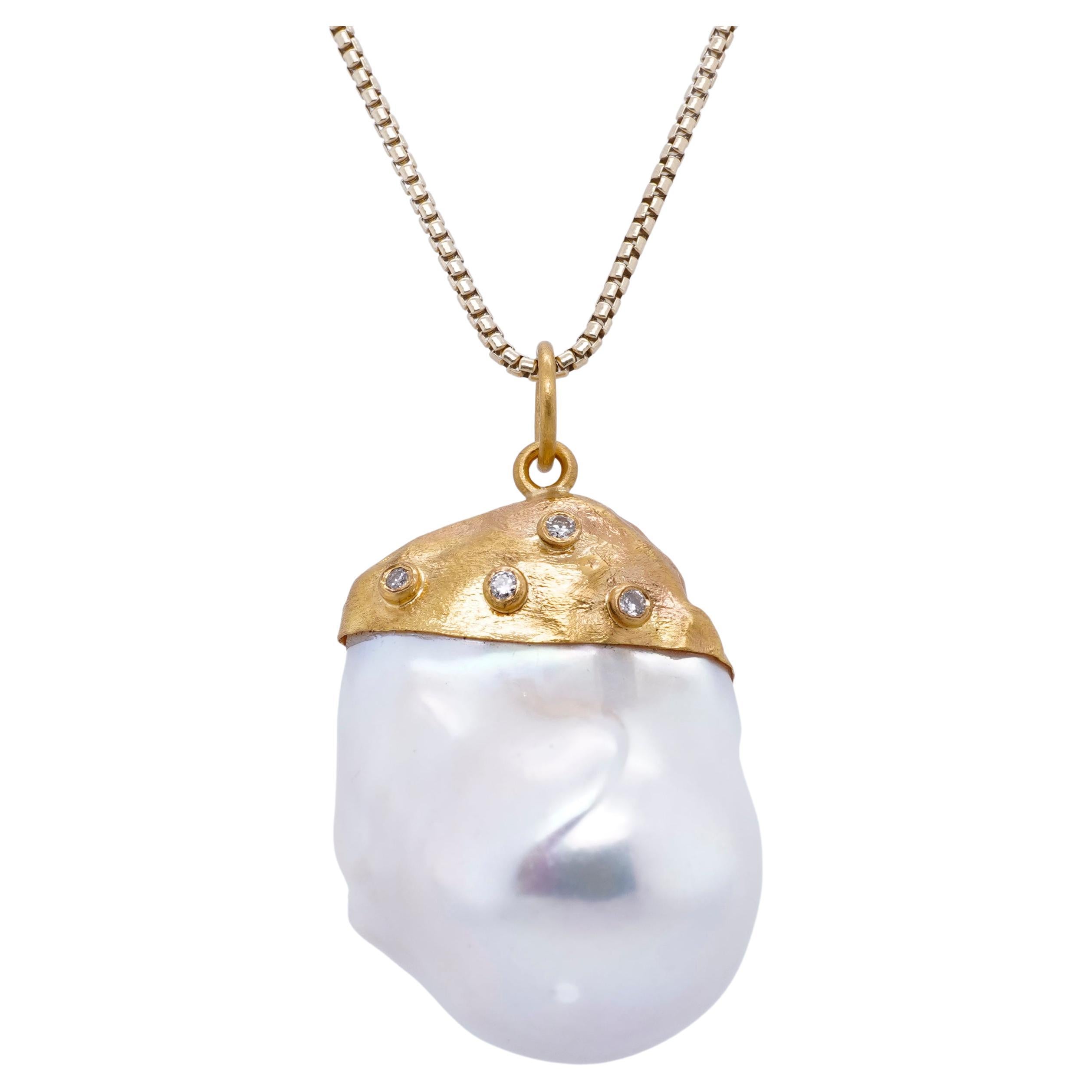 Large, 67.05ct Baroque Pearl Pendant Necklace with Diamonds, 24kt Solid Gold For Sale