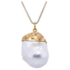 Large, 67.05ct Baroque Pearl Pendant Necklace with Diamonds, 24kt Solid Gold