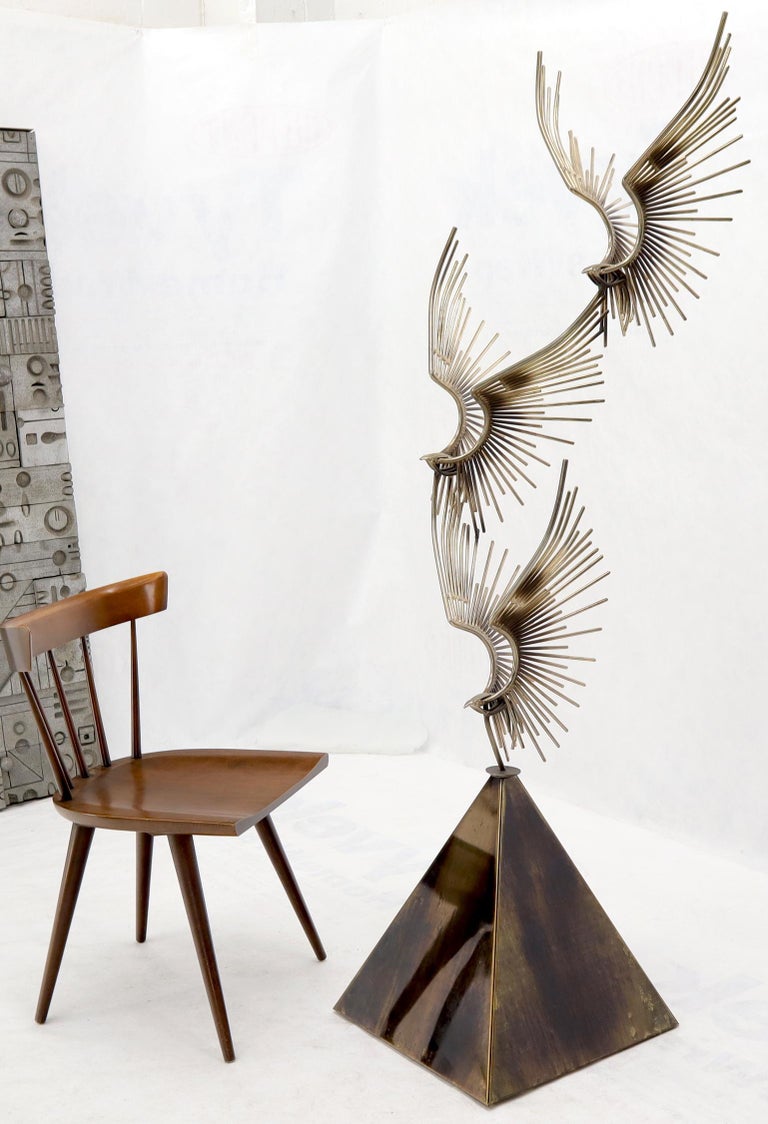 Large Flying Birds Group Metal Sculpture Pyramid Shape Base Curtis Jere