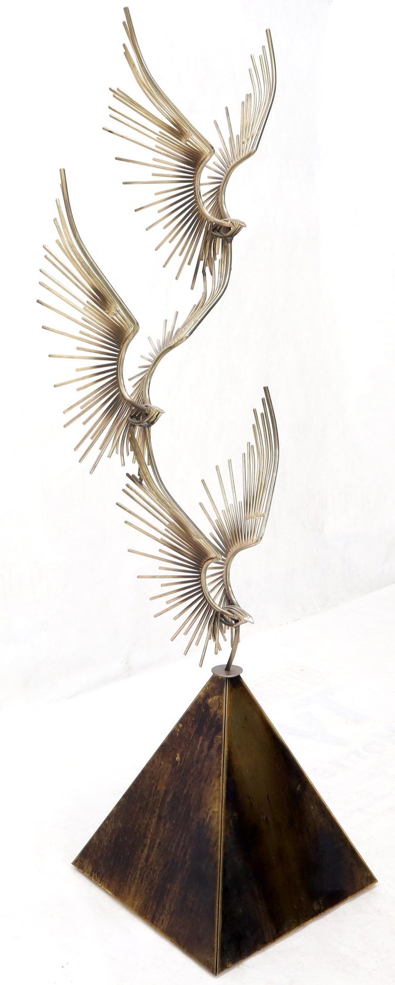 Large Flying Birds Group Metal Sculpture Pyramid Shape Base Curtis Jere