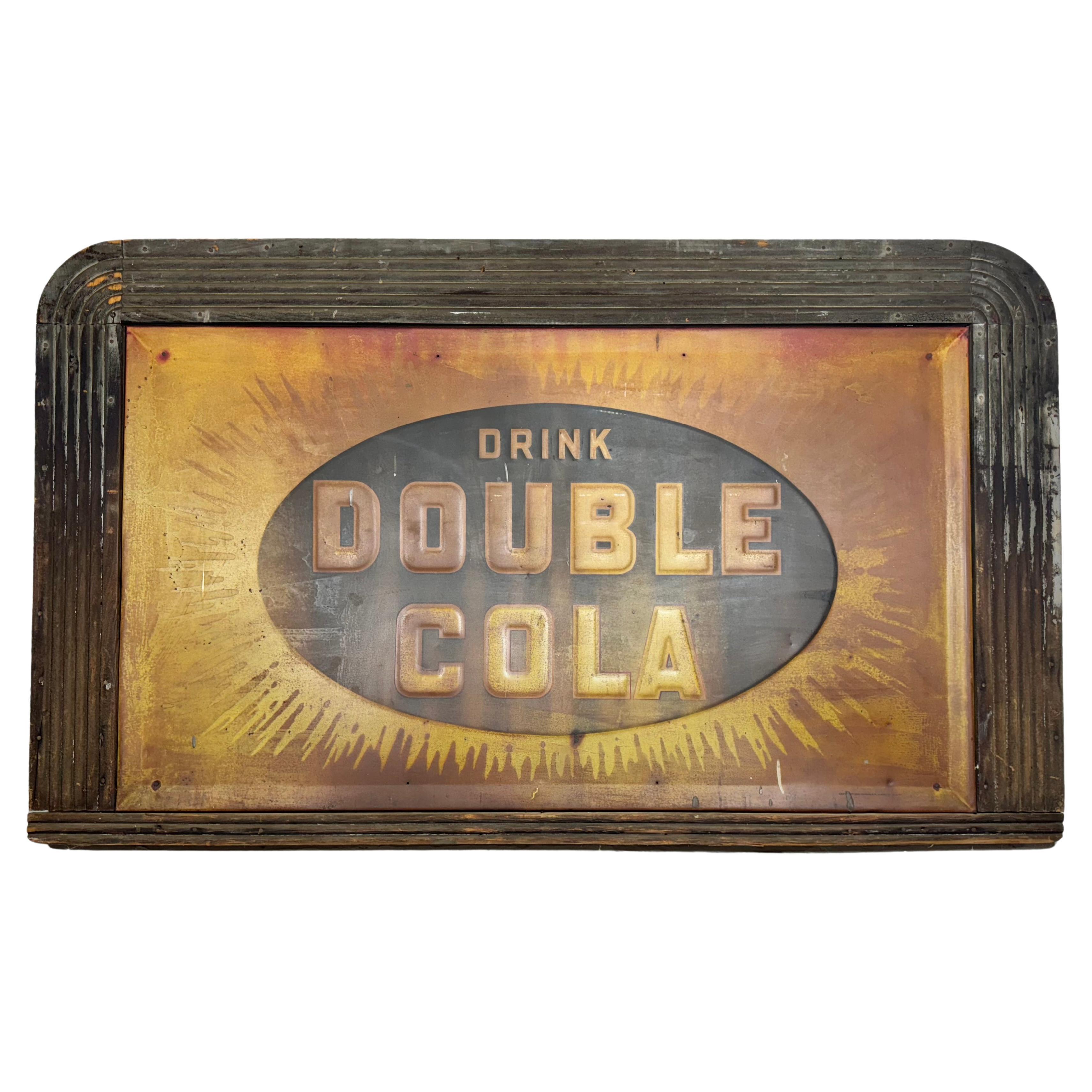Large 68" x 40" 1920s "DOUBLE COLA" Tin Advertising Sign, Art Deco Wood Frame