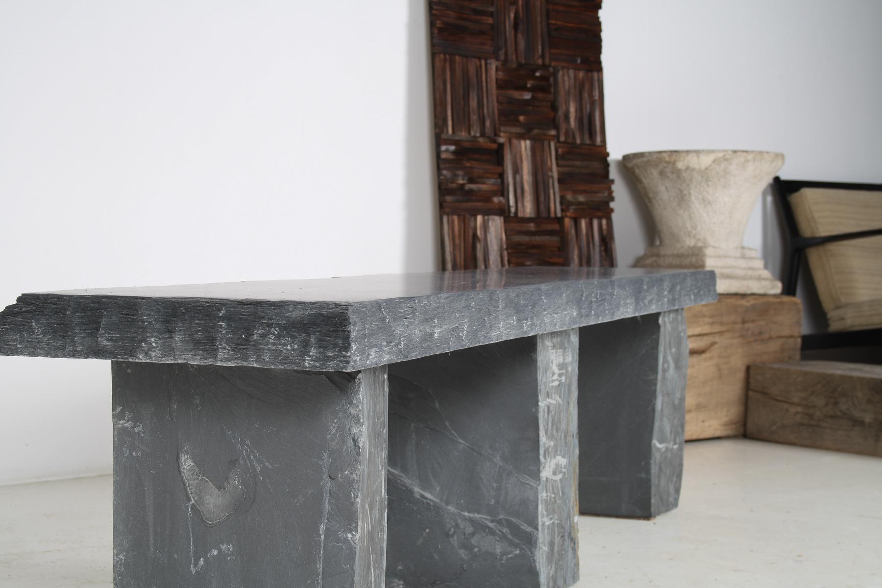 Large 6ft Natural Wabi-Sabi Stone Slate Bench Seat on Bolster Plinth Base For Sale 11