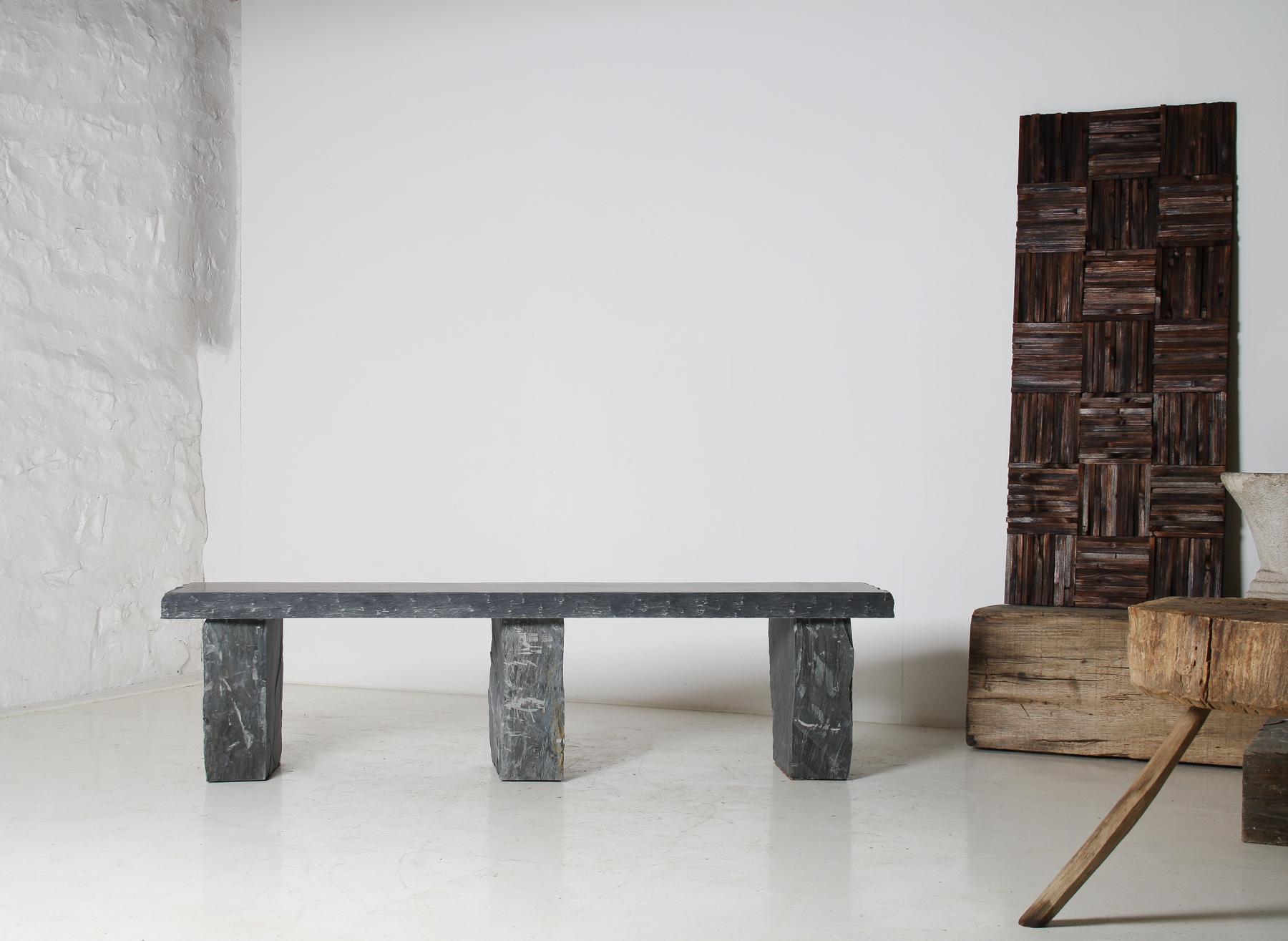 Large 6ft Natural Wabi-Sabi Stone Slate Bench Seat on Bolster Plinth Base In Good Condition For Sale In Llanbrynmair, GB