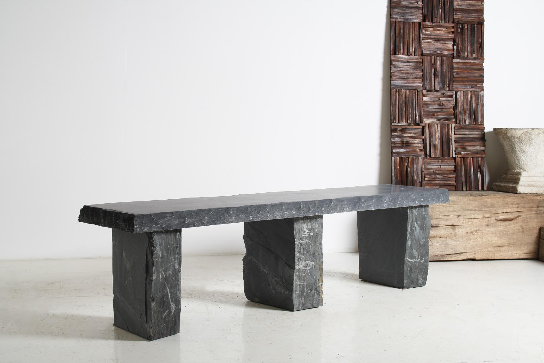 Contemporary Large 6ft Natural Wabi-Sabi Stone Slate Bench Seat on Bolster Plinth Base For Sale