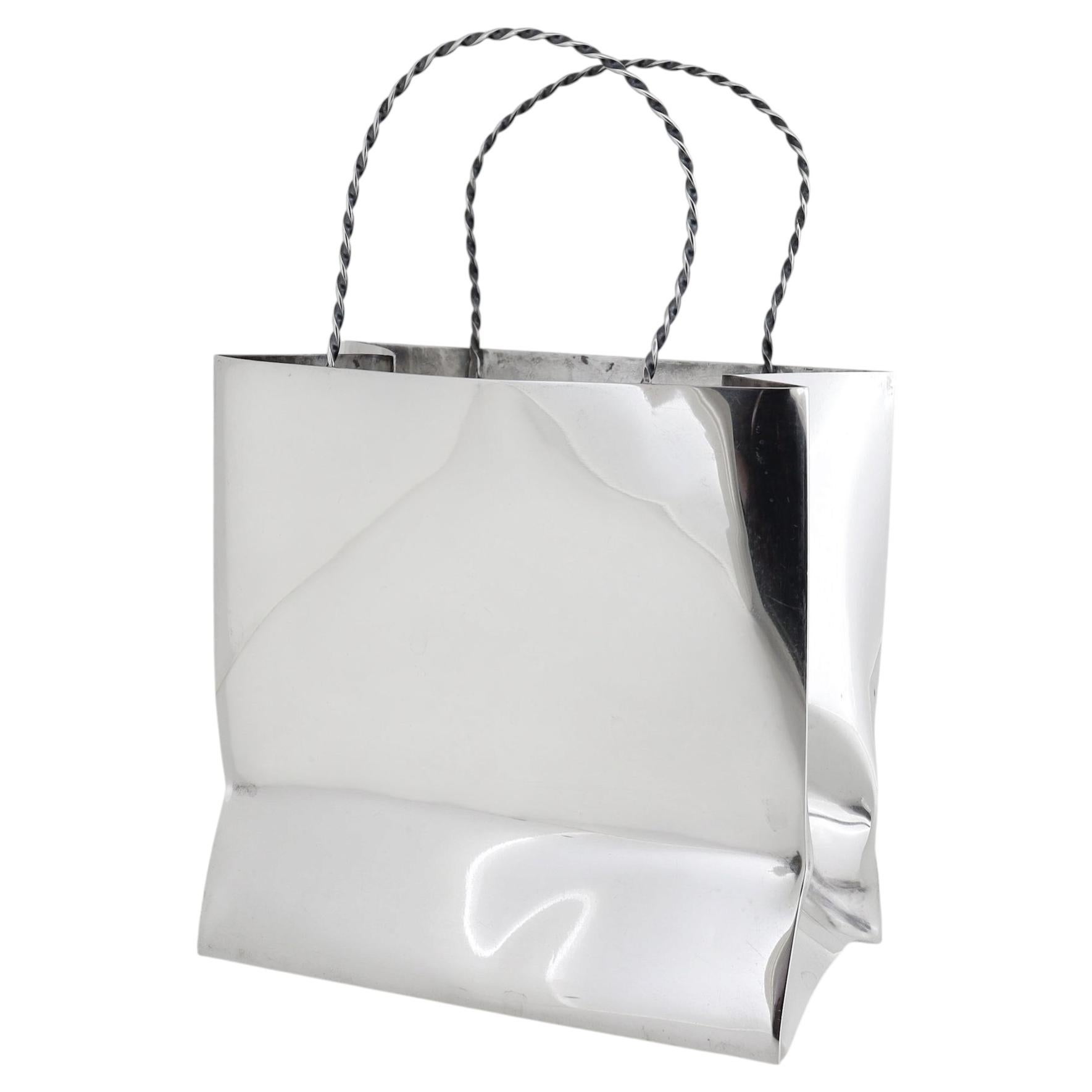 Large 6in. Sized Cartier Sterling Silver Miniature Shopping or Gift Bag For Sale