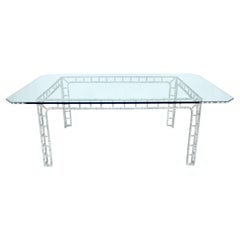 Large 7' Long 3/4" Thick Glass Top Cast Aluminum Faux Bamboo Base Dining Table
