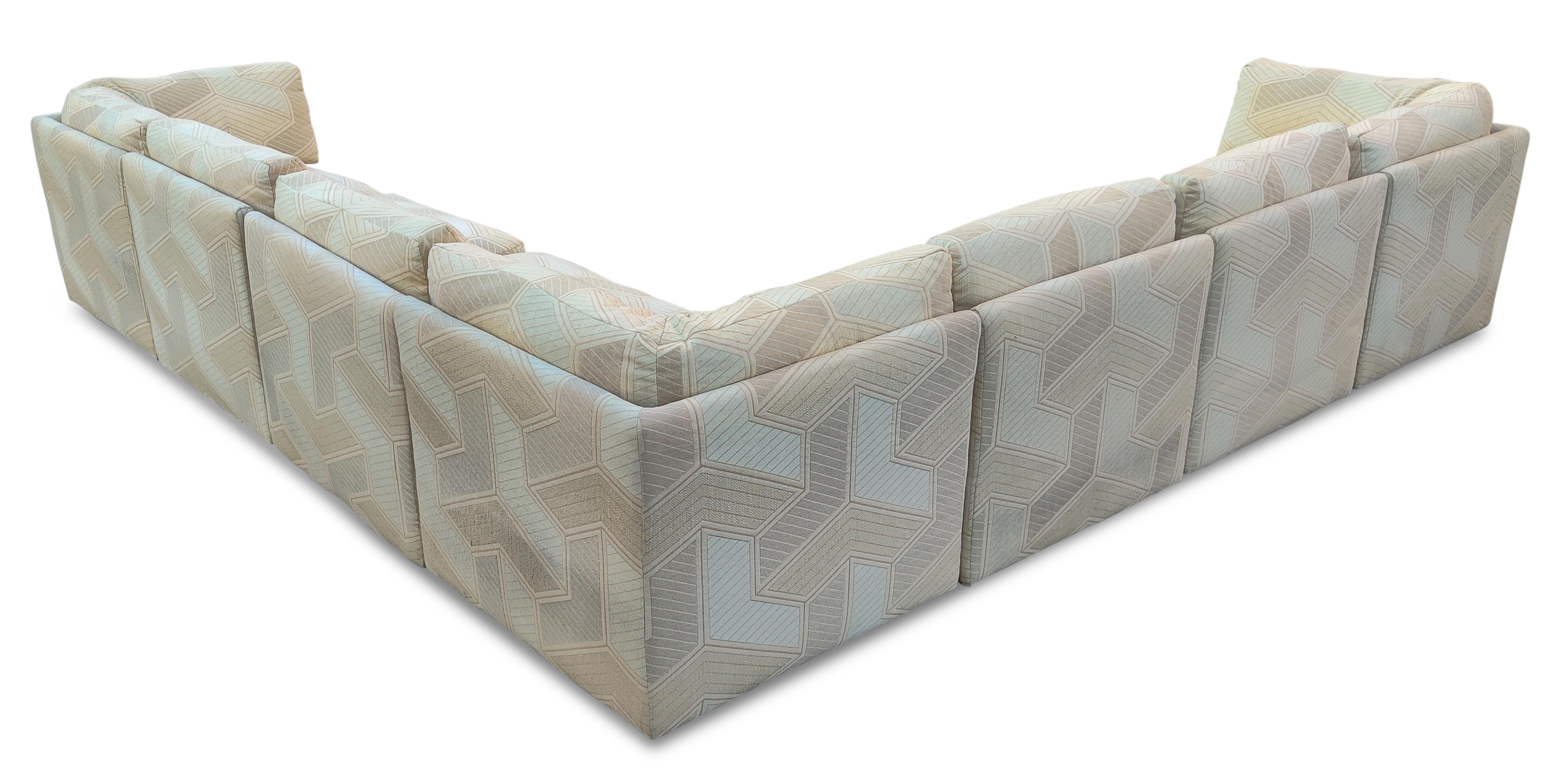 Super cool and very clean, fresh from the original Larchmont NY home in which it resided for decades, a seven (7) piece sectional sofa designed by Milo Baughman and manufactured by Thayer Coggin, in the late 1970s. Three (3) corner pieces 29*33*33,