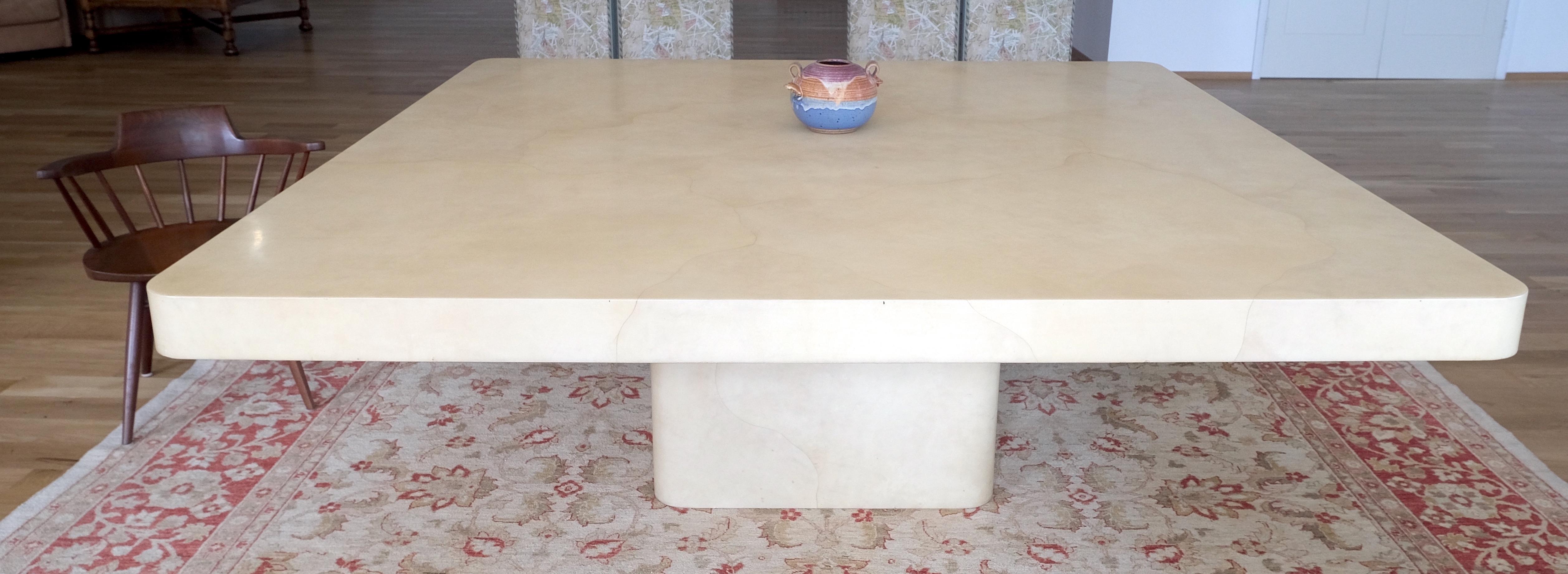 Large 7' Square Lacquered Goatskin Parchment Single Pedestal Dining Conference Table MINT! 
Potentially can seat 16.