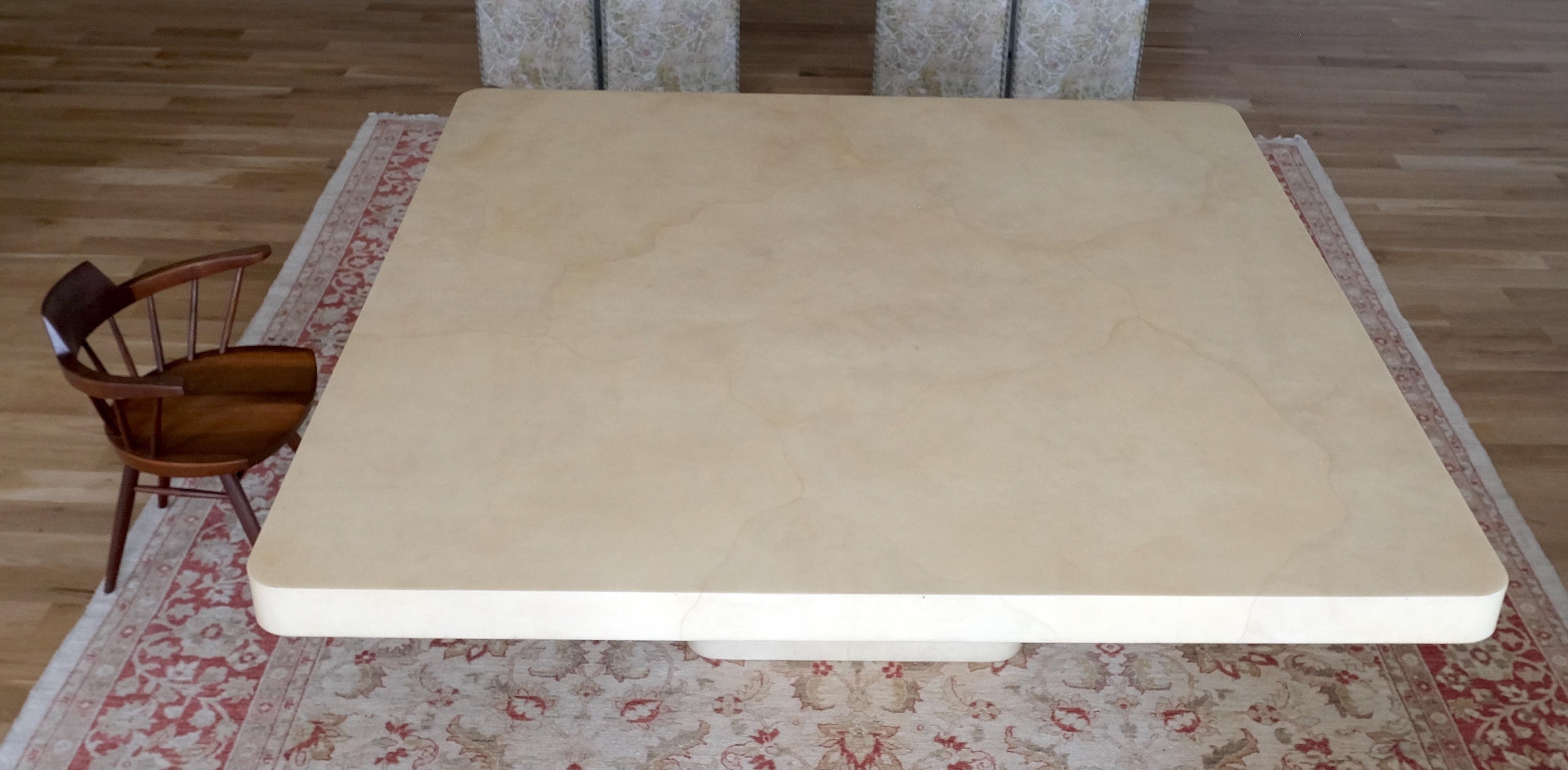 Large 7' Square Lacquered Goatskin Parchment Dining Conference Table MINT! In Good Condition In Rockaway, NJ