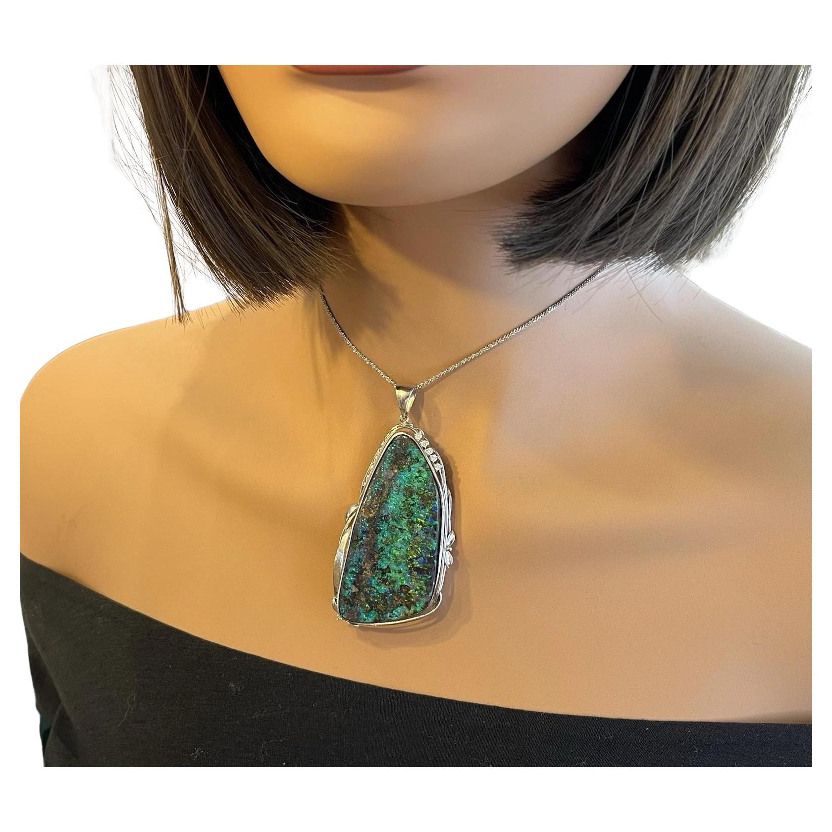 Large 72.85 ct Boulder Opal and Diamond Pendant Necklace in Platinum