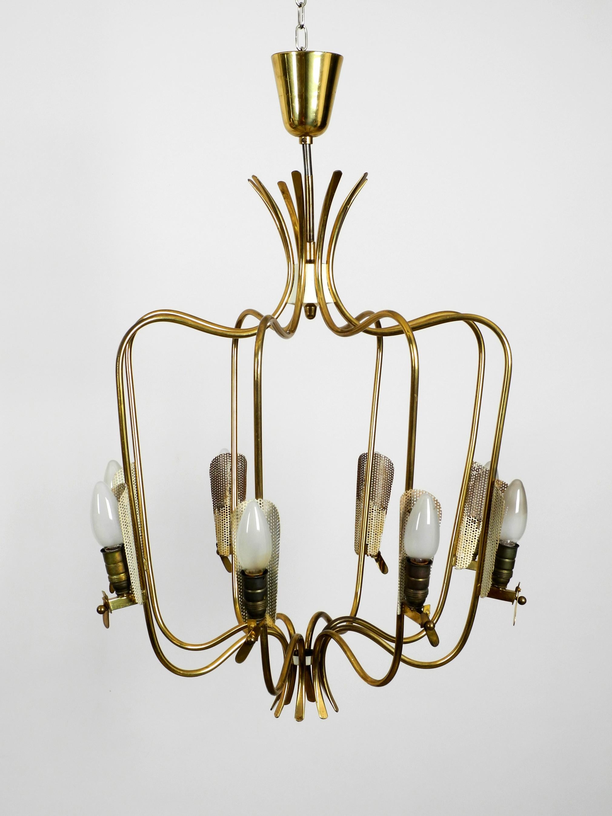 Large 8-Arm Mid-Century Modern Brass Chandelier with Large Plexiglass Shades For Sale 7