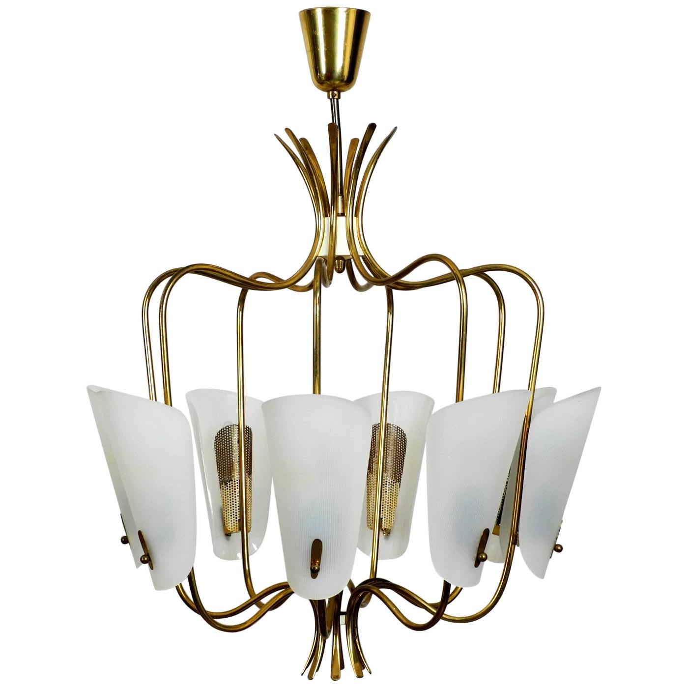 Large 8-Arm Mid-Century Modern Brass Chandelier with Large Plexiglass Shades For Sale
