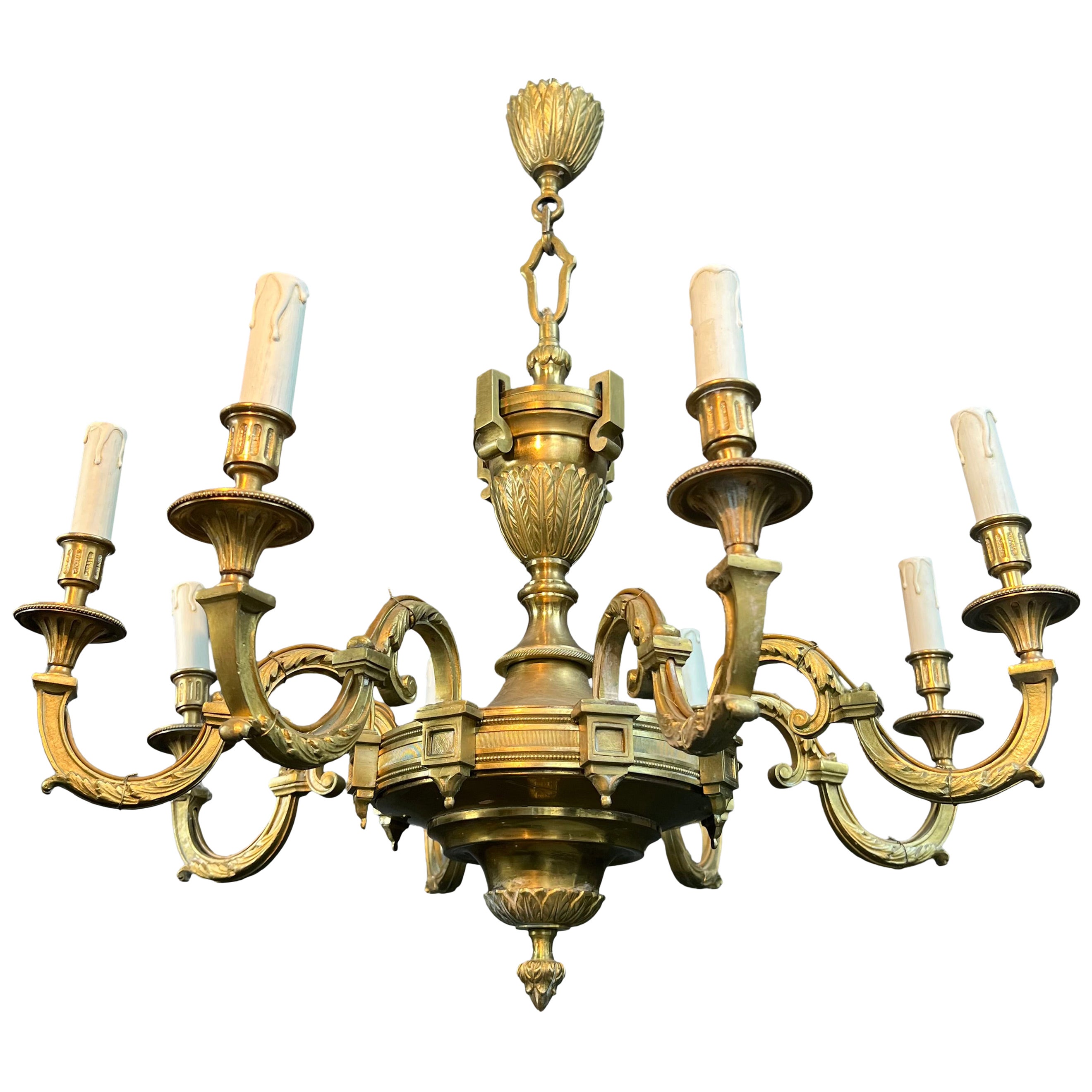 Large 8 Arms Chiseled Bronze Chandelier in the Style of Louis the 16th by Lucien For Sale