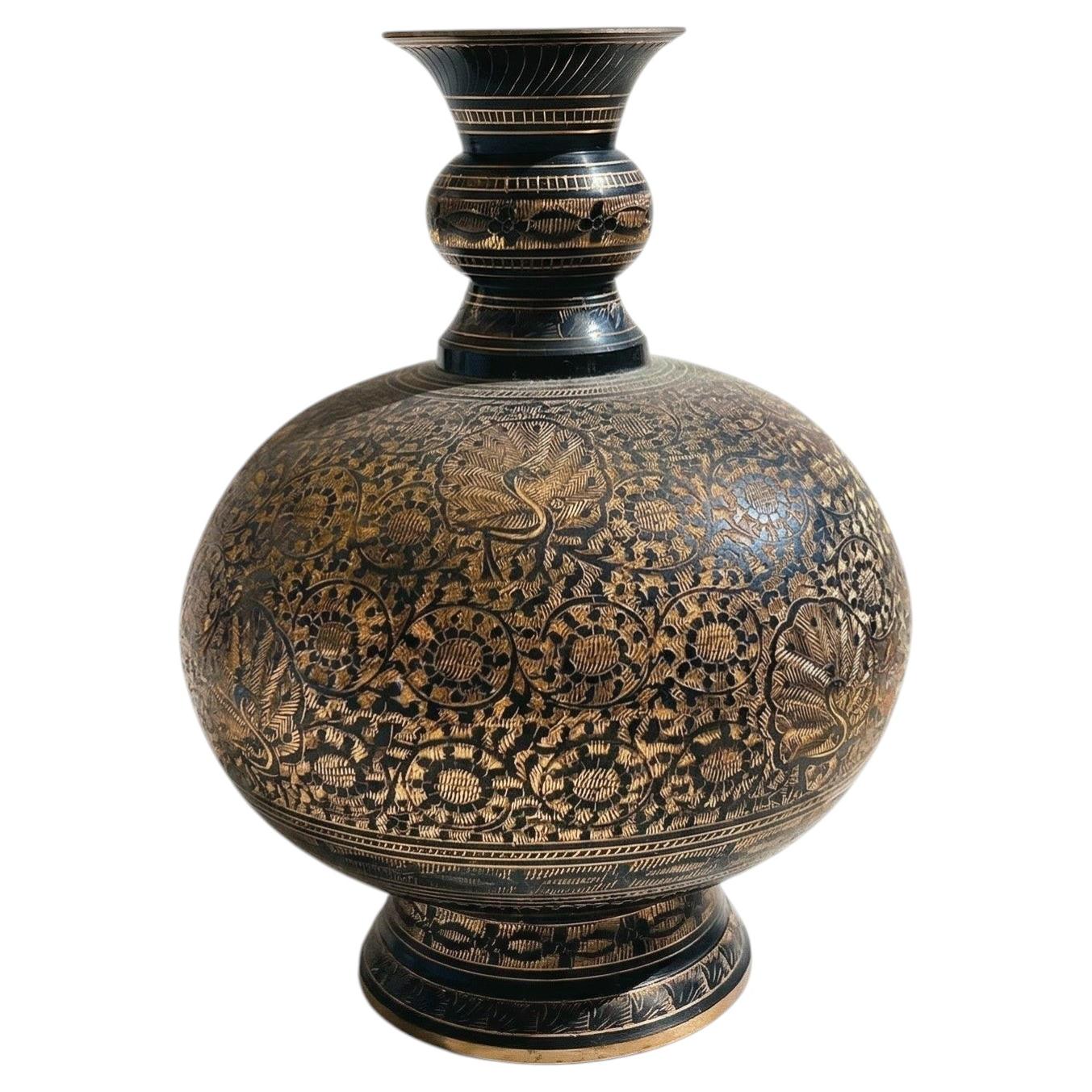 Large 8" Etched Brass Vase with Peacock Design