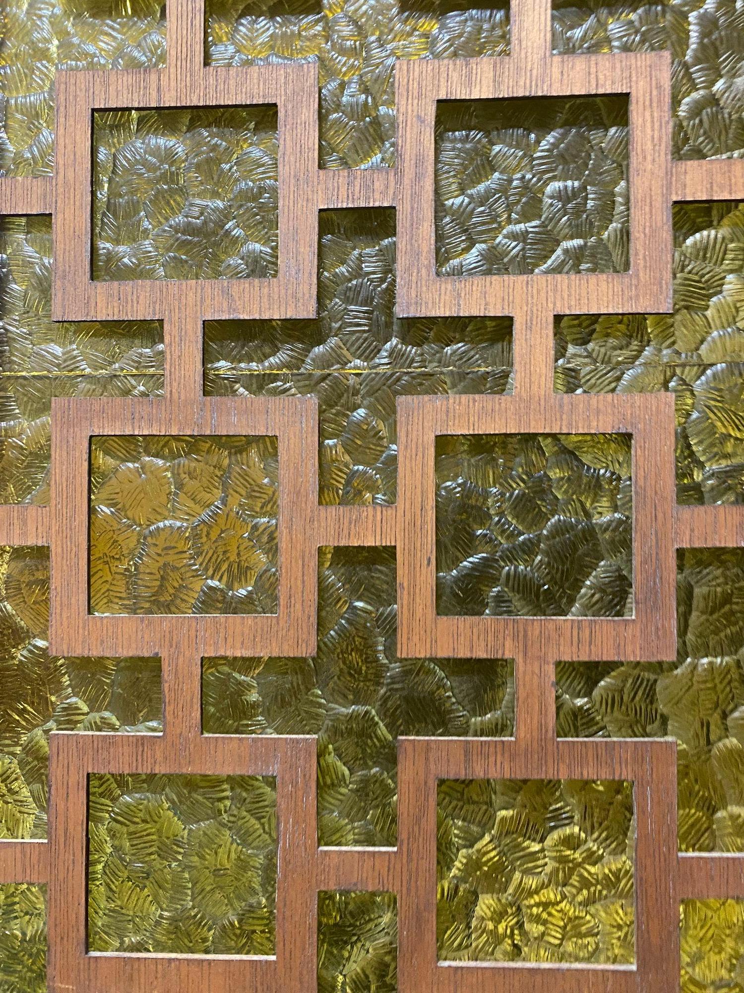 Hardwood Large 8' Foot Mid-century 4 Panel Folding Screen w/ Yellow Acrylic Panels For Sale