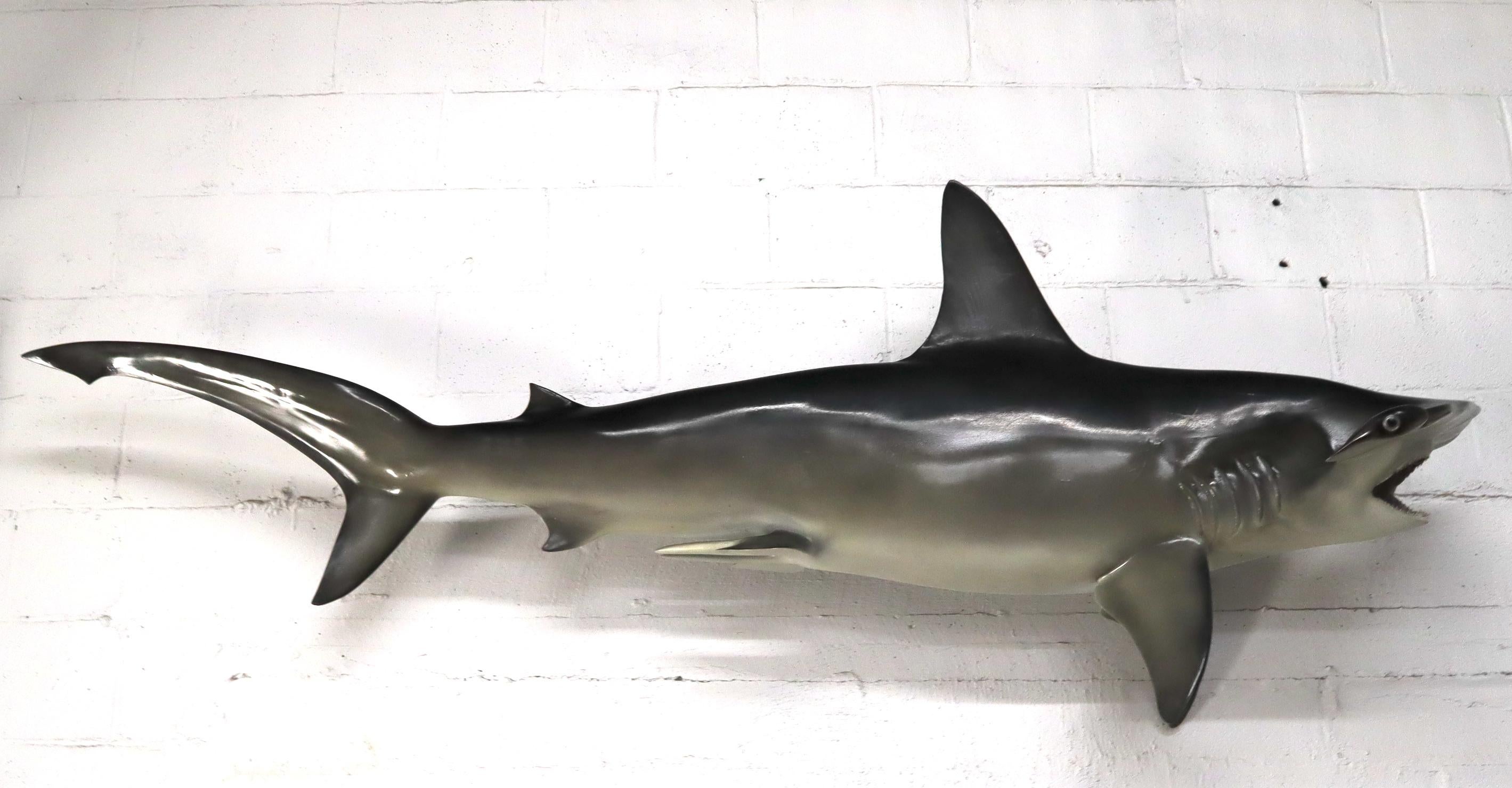 Grande sculpture murale longue suspendue de poisson de requin à tête de marteau avec de vrais dents de vache en vente 12