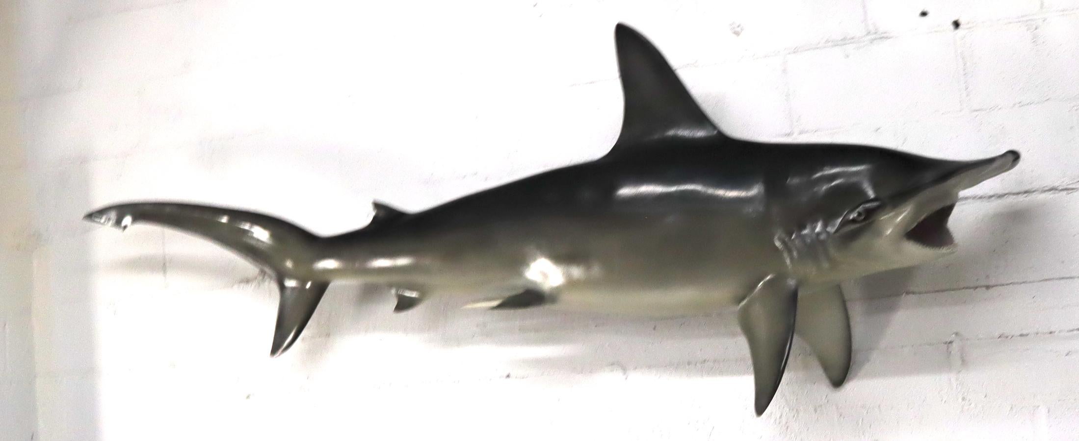 Grande sculpture murale longue suspendue de poisson de requin à tête de marteau avec de vrais dents de vache en vente 13