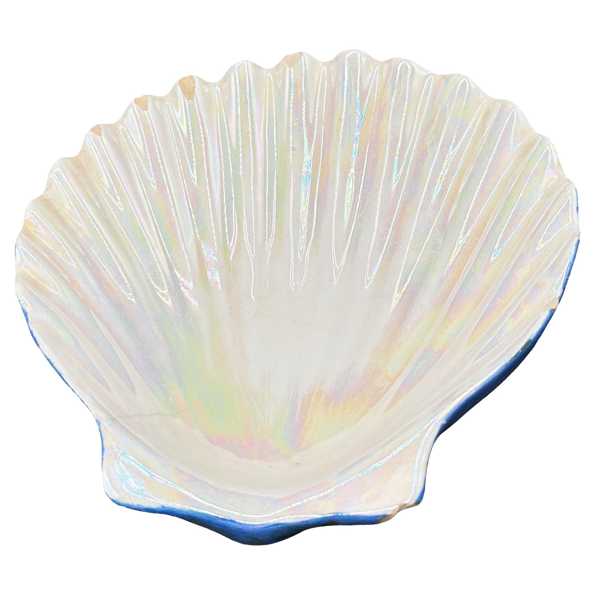 Large 8" Mid-century Rainbow Iridescent Ceramic Clam Shell Tropical Ashtray For Sale