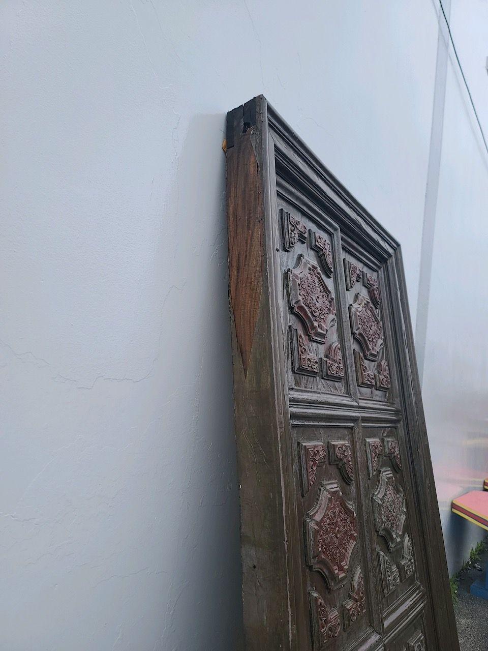 Large 8' Regency Multipaneled Crown Molding Bronze Covered Walnut Double Doors In Good Condition For Sale In Van Nuys, CA