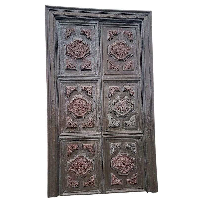 Large 8' Regency Multipaneled Crown Molding Bronze Covered Walnut Double Doors For Sale