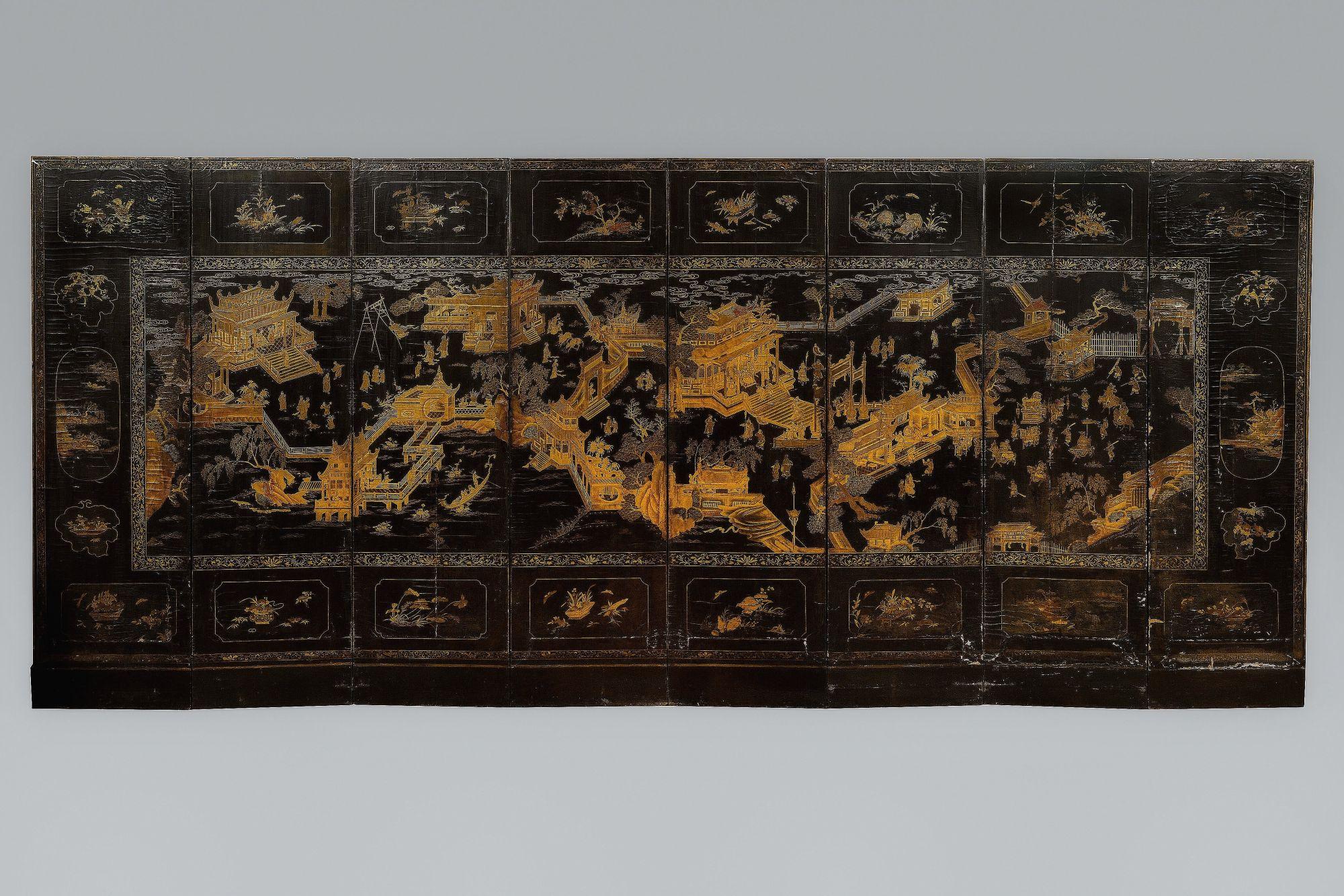 Großer 8-Scheiben-Raumteiler aus Coromandel-Lack, China, Quing, spätes 18./ frühes 19. Jahrhundert (Qing-Dynastie) im Angebot