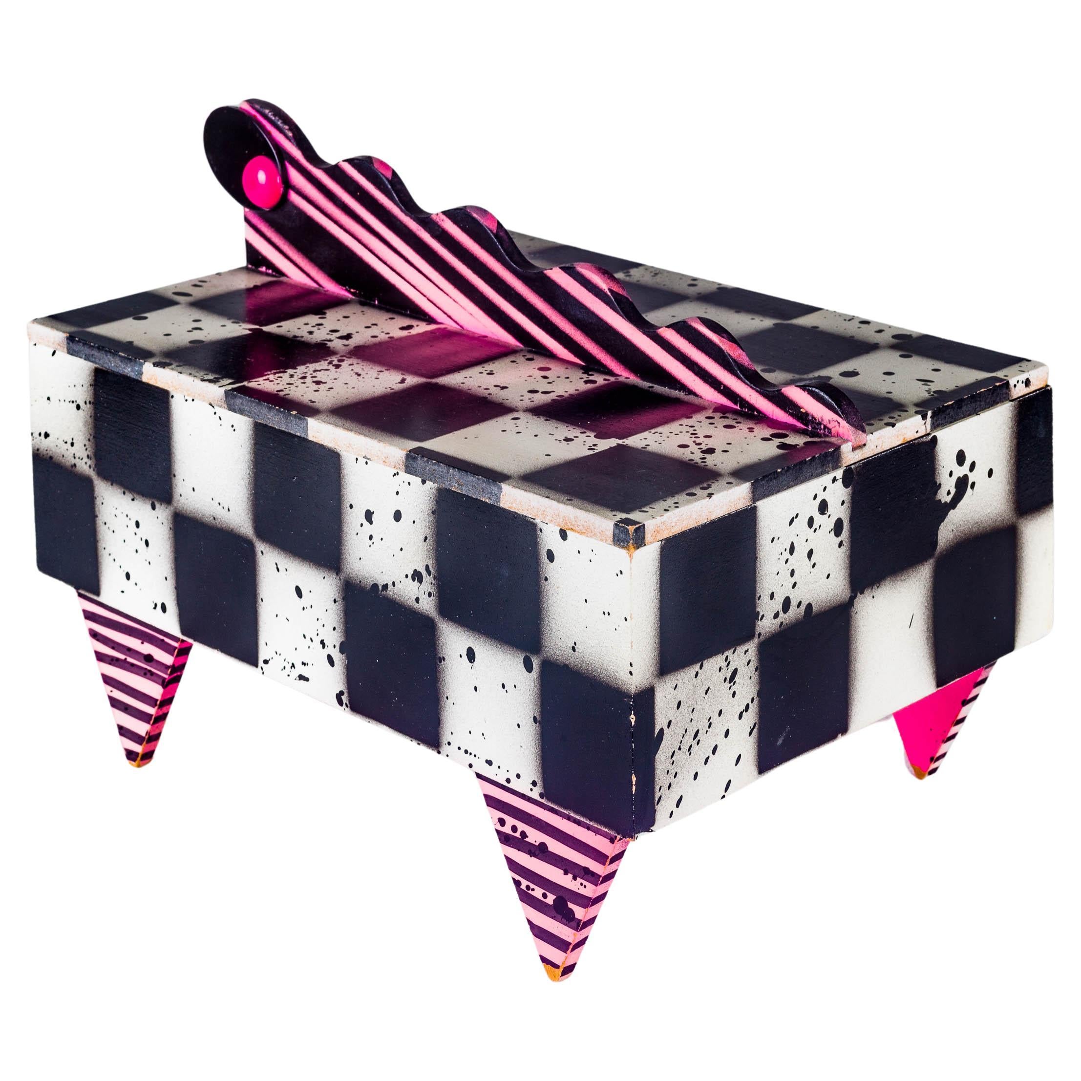 Large 80s Lacquered Box by Hollis Fingold, Checkerboard & Neon Pink, Signed USA For Sale