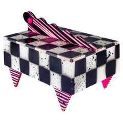 Vintage Large 80s Lacquered Box by Hollis Fingold, Checkerboard & Neon Pink, Signed USA