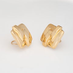 Large 80s Square Sculpted Earrings Vintage 14k Yellow Gold Clip On Jewelry
