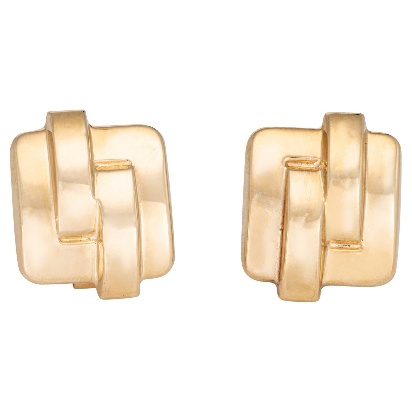 Pendientes Esculpidos Cuadrados Grandes de los 80 Joyas de Oro Amarillo de 14k con Clip Vintage en venta