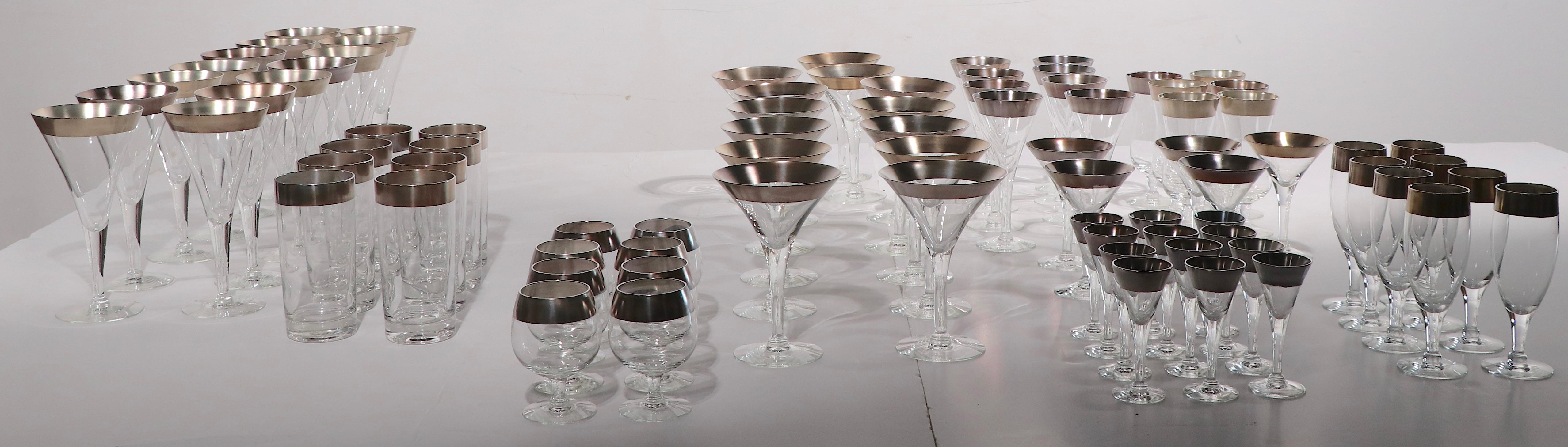 Mid-Century Modern Large 82 Pc. Set of Silver Band Stemware Att. to Dorothy Thorpe For Sale