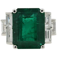 Large 8.55 Carat Green Emerald 6 Baguette Diamond Handmade Ring 18 Karat