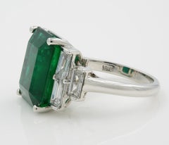 Large 8.55 Carat Green Emerald 6 Baguette Diamond Handmade Ring 18 Karat