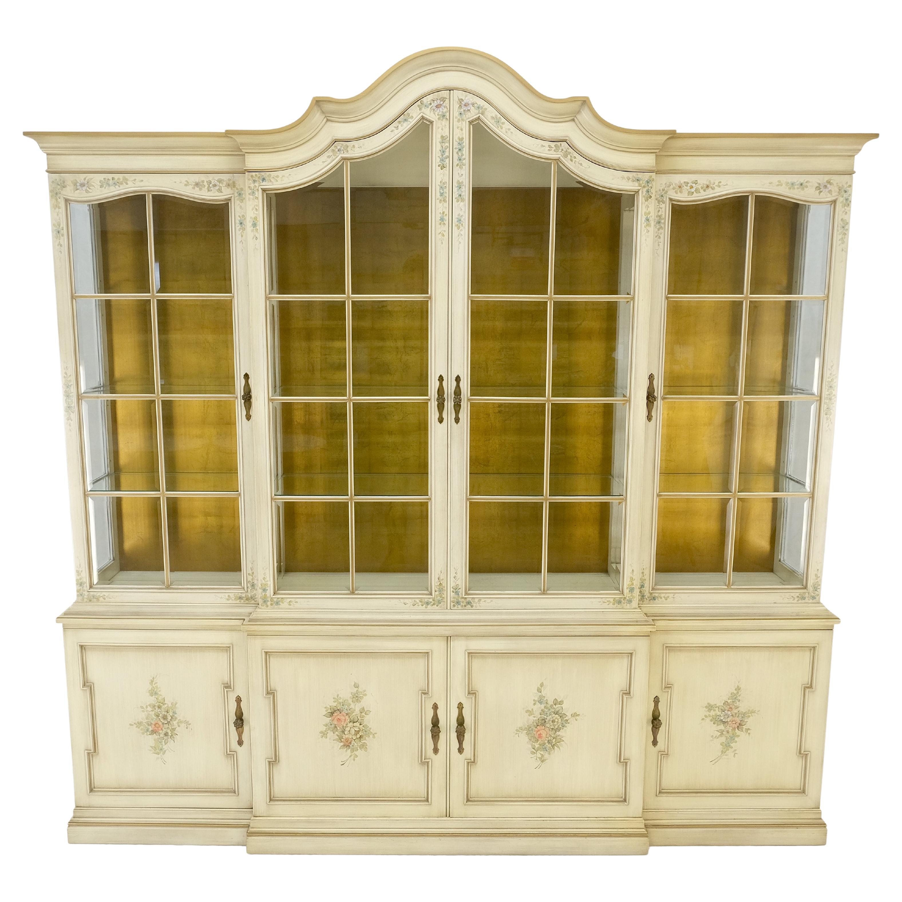 Large 88" Wide Beveled Glass Gold Leaf Back Paint Decorated Break Front Cabinet