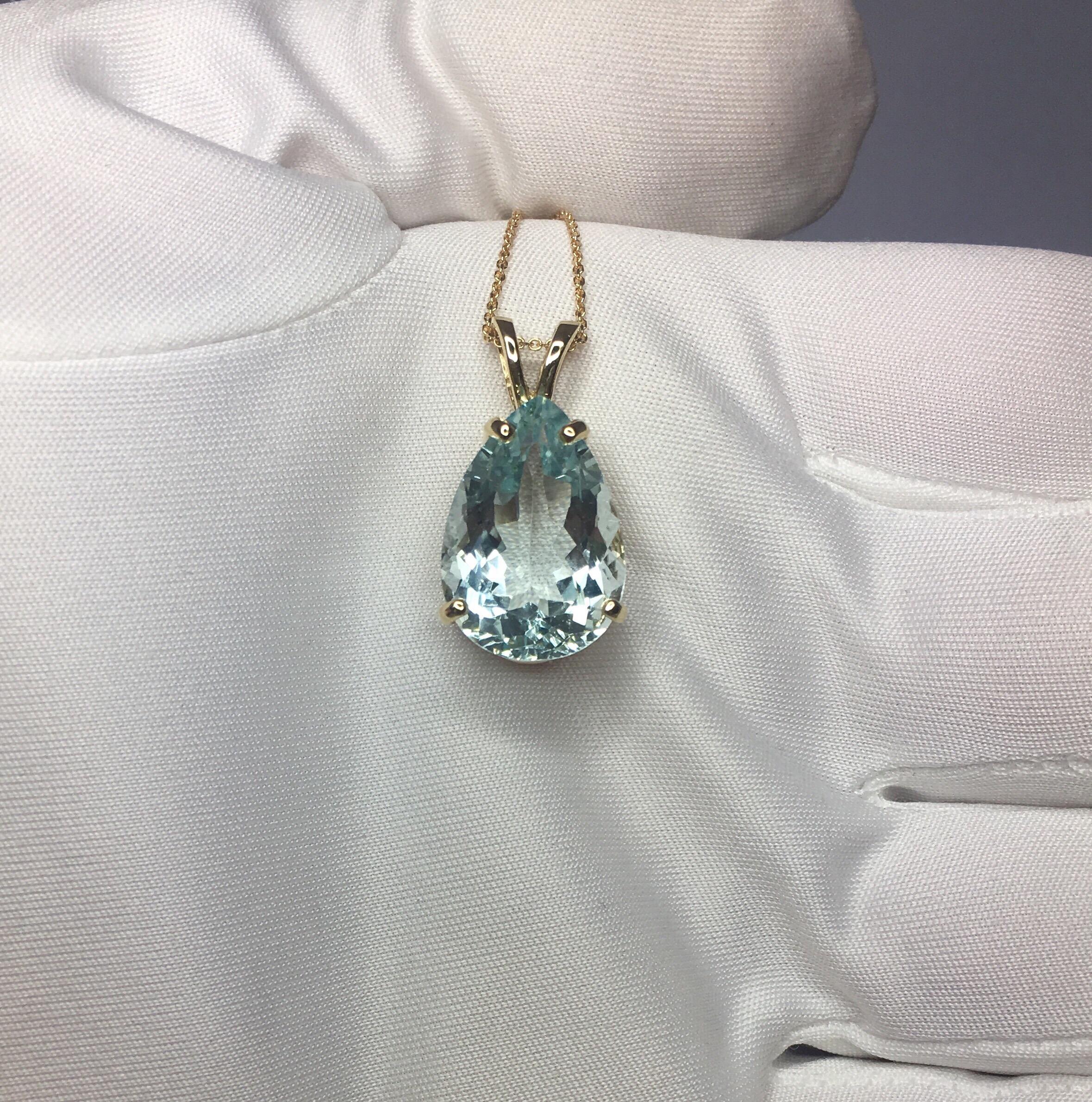 Very large 8.85 carat blue Aquamarine set in a fine 14k yellow gold solitaire pendant.
Very good clarity, clean stone with only some small inclusions visible.

Also has an excellent pear cut showing lots of brightness and light return. Very