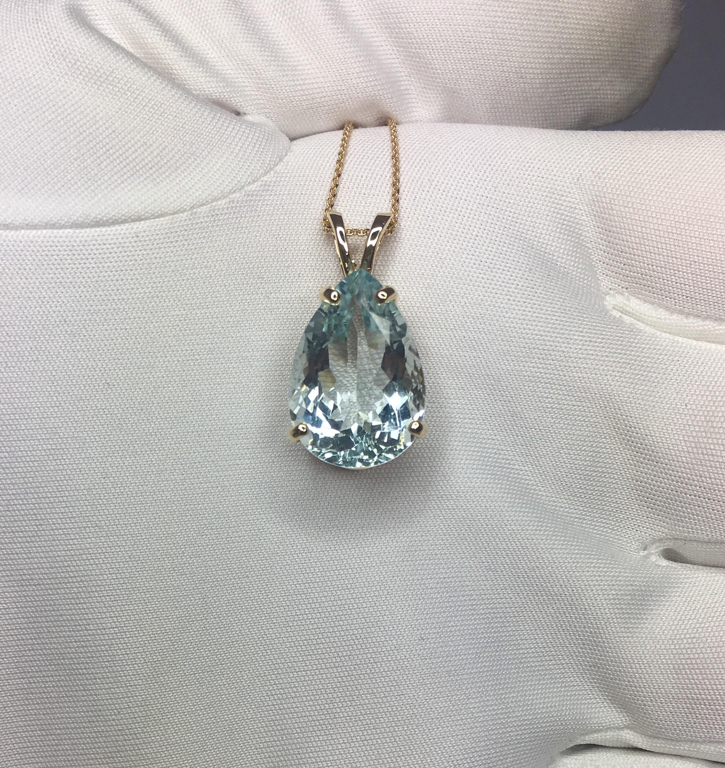 Women's or Men's Large 8.85 Carat Blue Aquamarine Pear Teardrop Cut 14K Gold Pendant Necklace