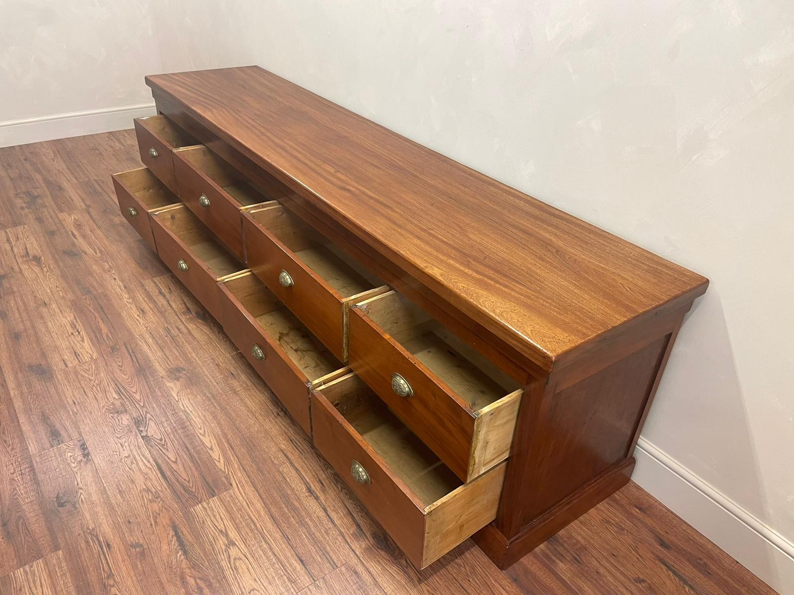 Large 9 Foot Mahogany Bank of 8 Deep Drawers English circa 1910 Console Kitchen 8