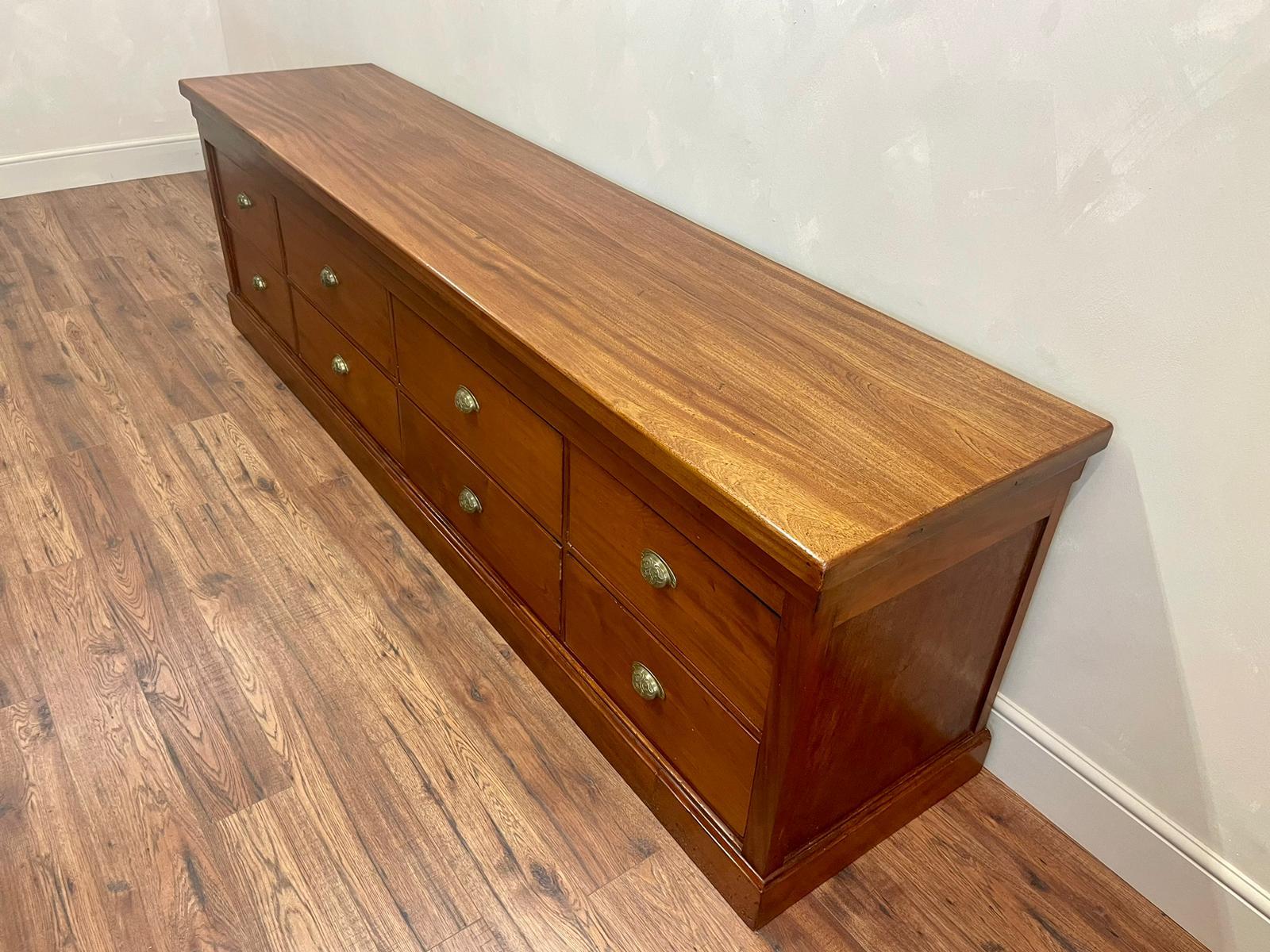 Large 9 Foot Mahogany Bank of 8 Deep Drawers English circa 1910 Console Kitchen 1